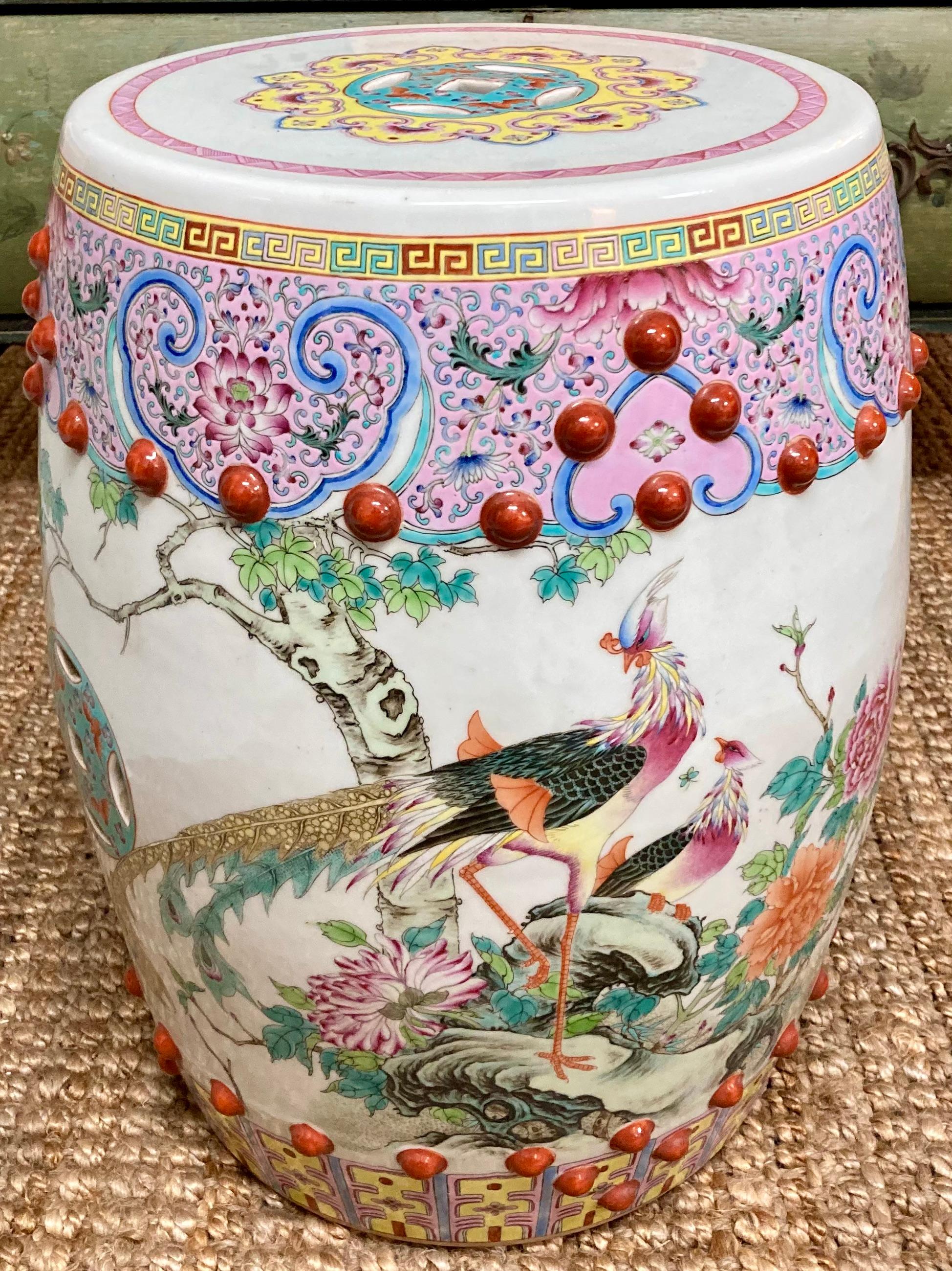 Beautiful Asian floral and fauna garden seat. Amazing design colors and drawings. Great addition to your patio and garden for drinks and snacks.