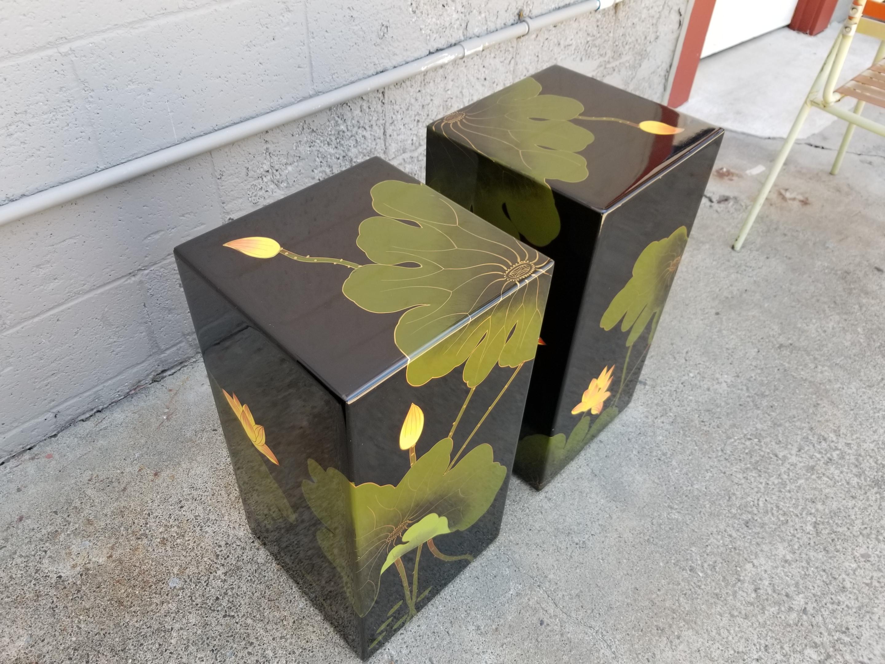 Modern Asian Floral Lacquer Stools or Pedestals a Pair