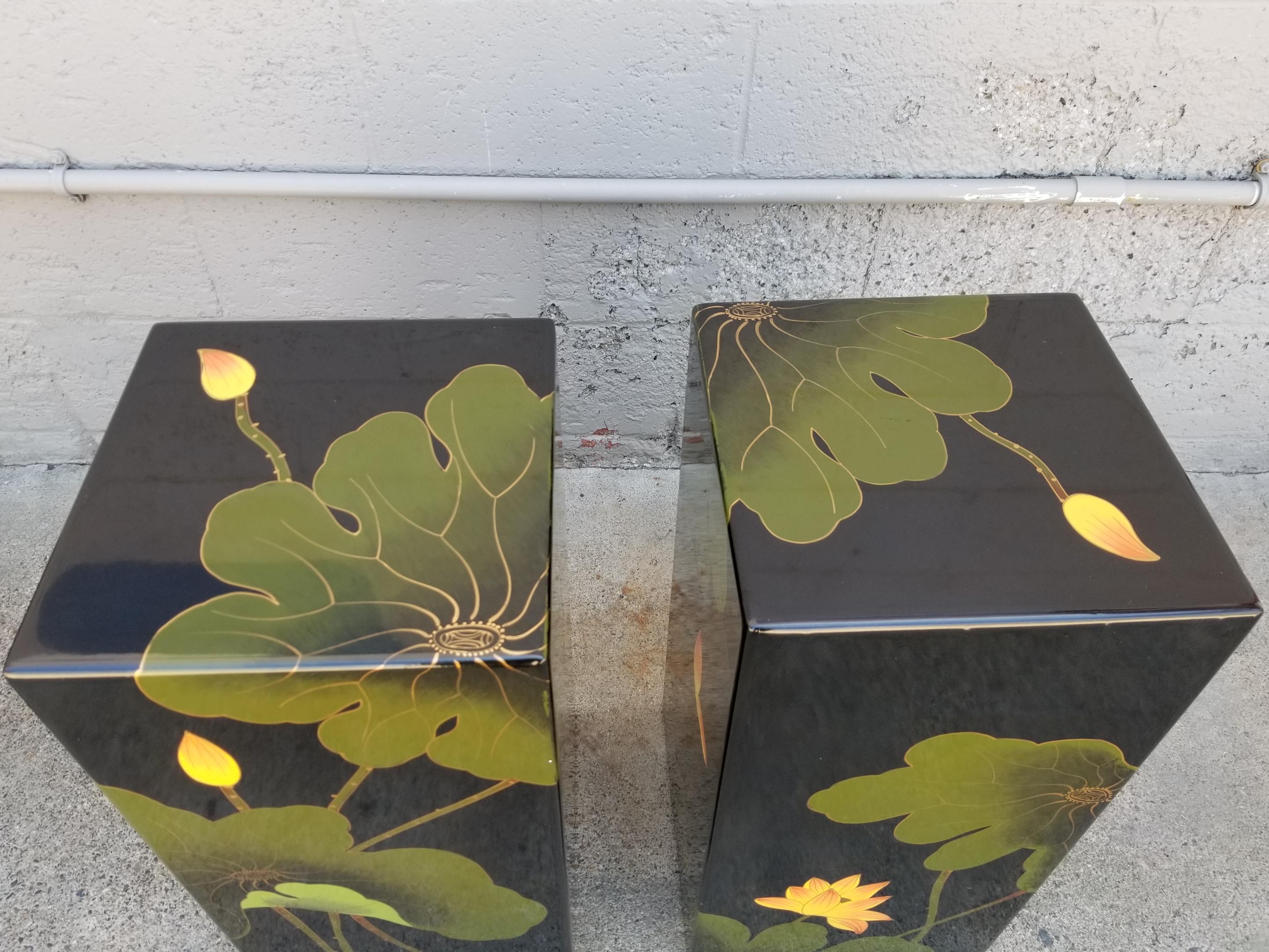 Asian Floral Lacquer Stools or Pedestals a Pair In Good Condition In Fulton, CA