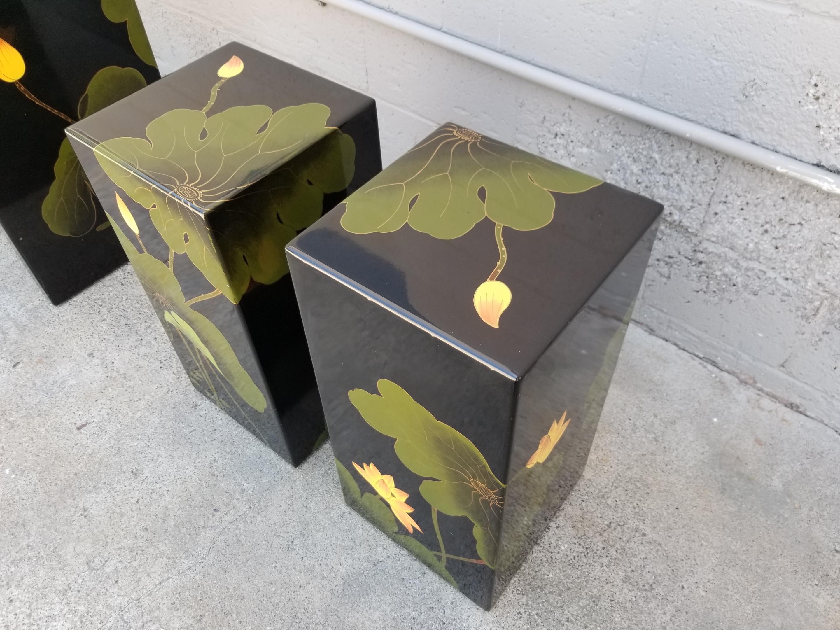 20th Century Asian Floral Lacquer Stools or Pedestals a Pair