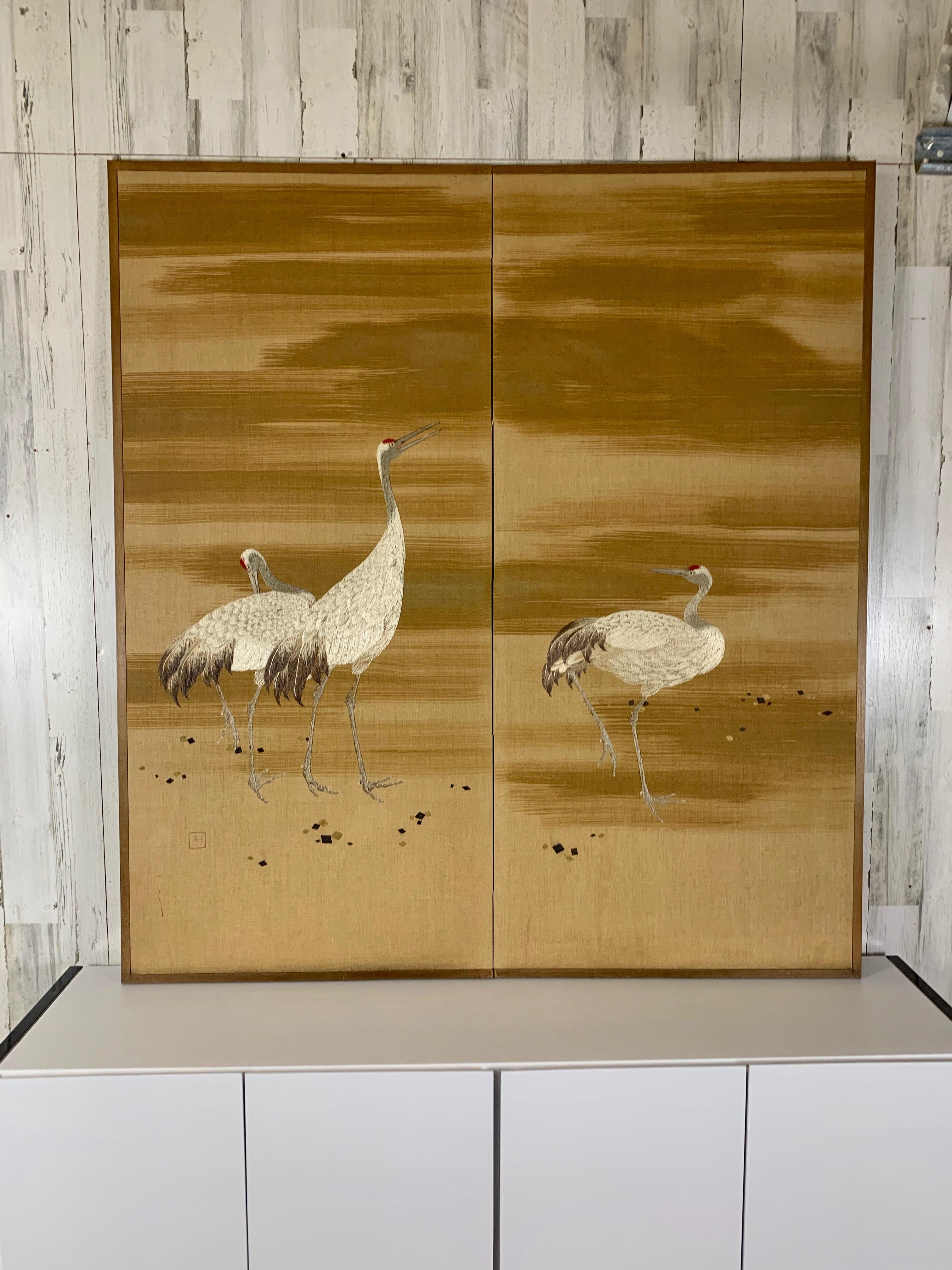 Biombo Asiático Tejido a Mano de Grullas Japonés en venta