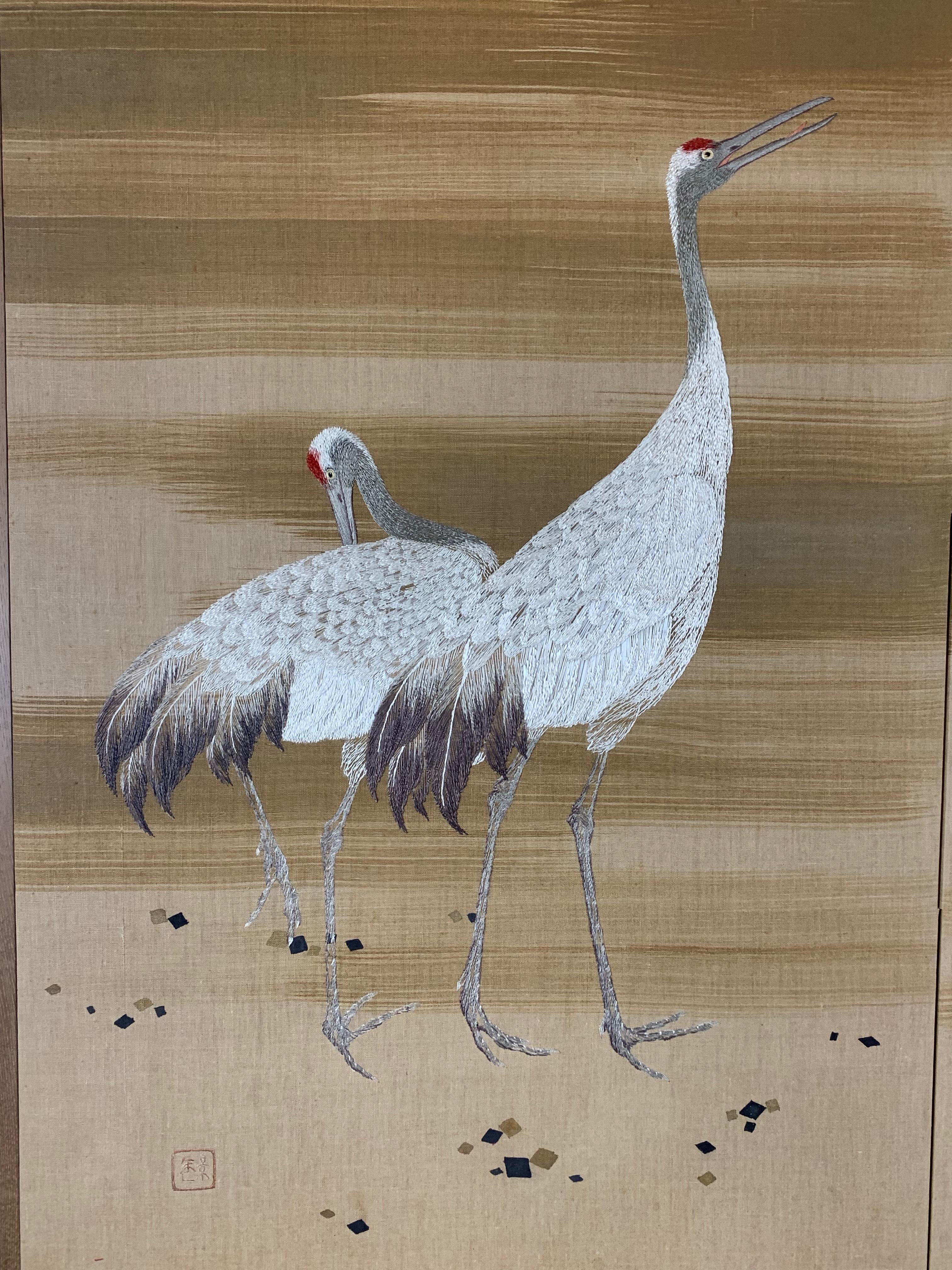 Biombo Asiático Tejido a Mano de Grullas en Bueno estado para la venta en Denton, TX