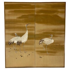 Asian Folding Hand Woven Screen of Cranes