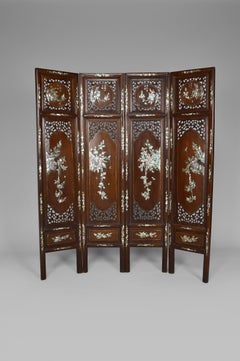 Asian Folding Screen in Carved Wood and Mother-of-Pearl, 19th Century
