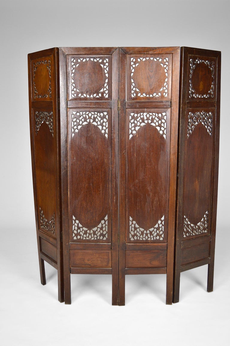 Asian Folding Screen in Carved Wood and MotherofPearl, 19th Century