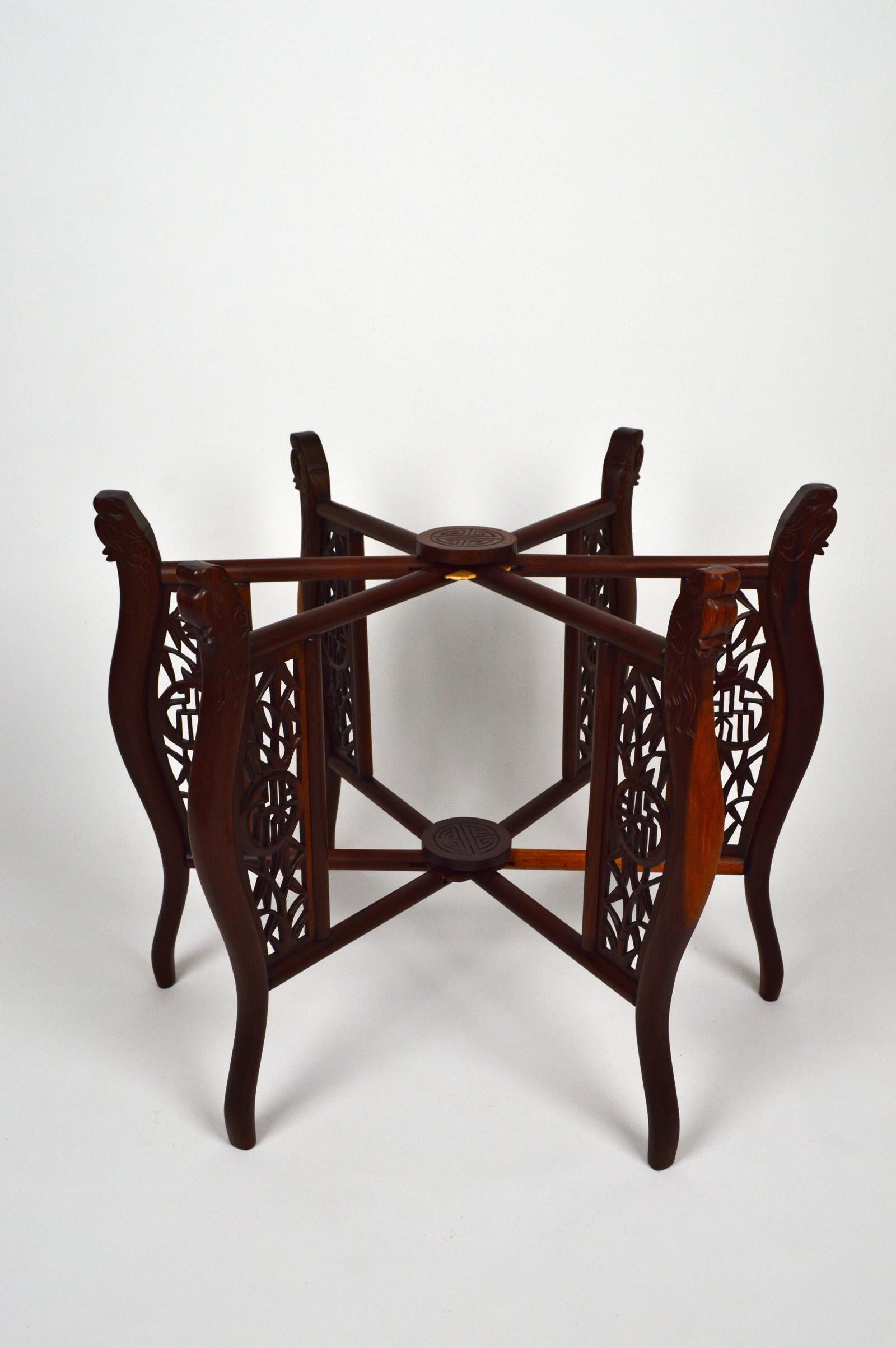 Asian Folding Table with Brass Tray and Carved Wood, circa 1890 8