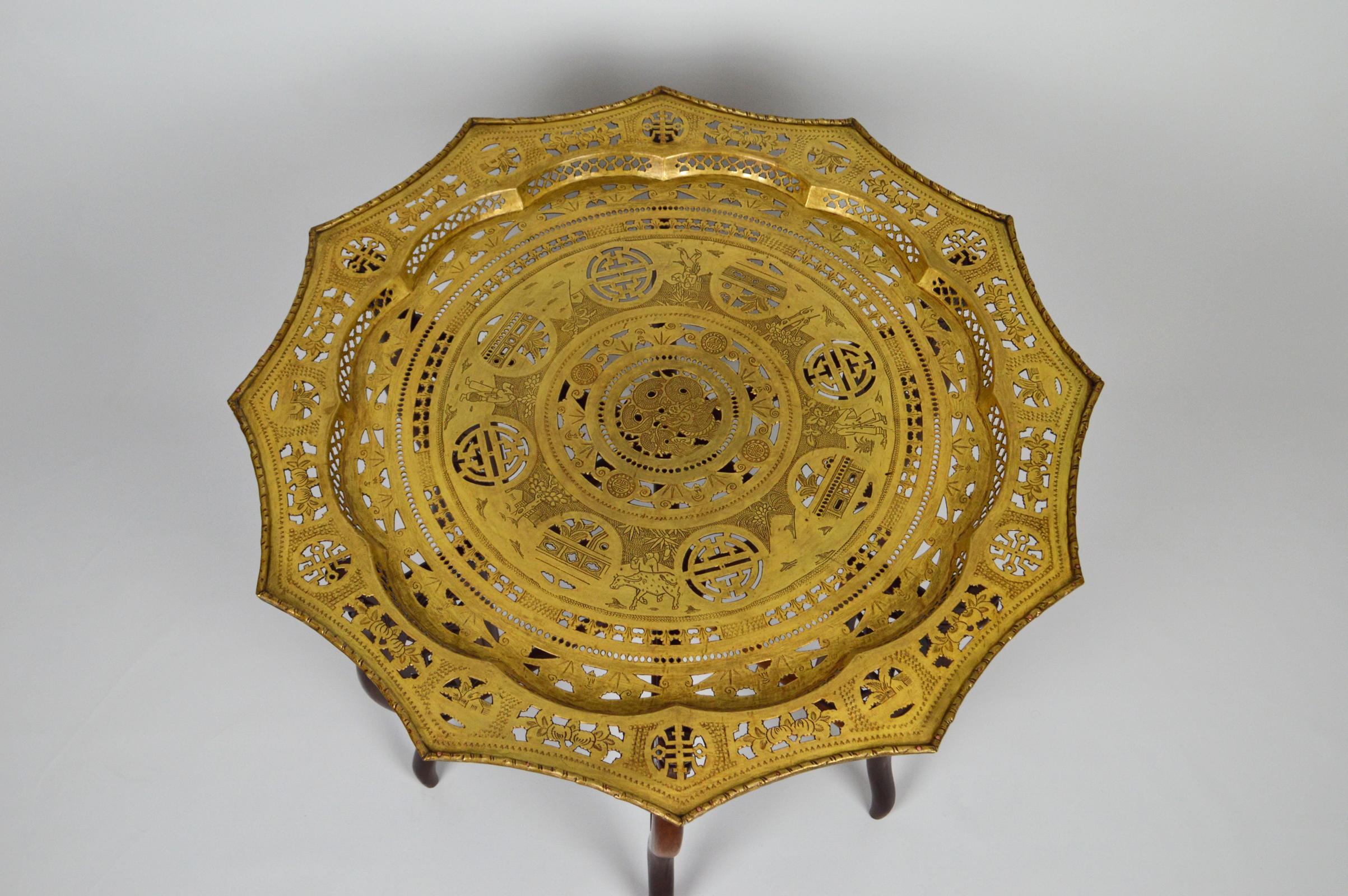 Late 19th Century Asian Folding Table with Brass Tray and Carved Wood, circa 1890