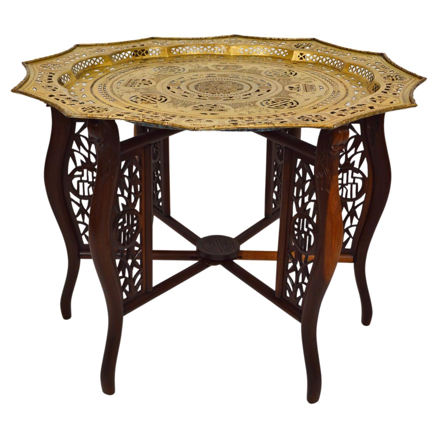 Asian Folding Table with Brass Tray and Carved Wood, circa 1890 at 1stDibs