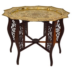 Asian Folding Table with Brass Tray and Carved Wood, circa 1890