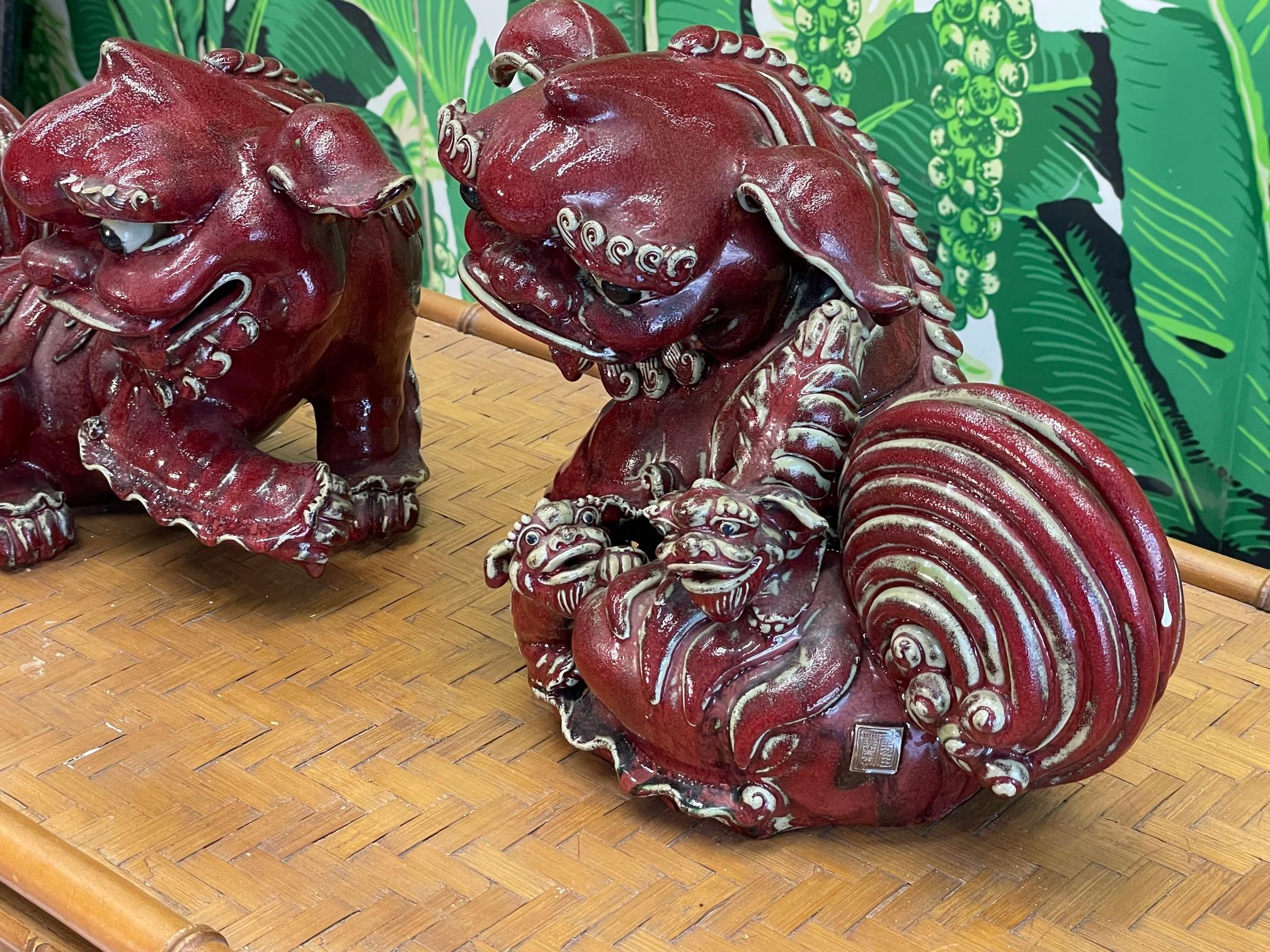 Chinoiserie Asian Foo Dog Father and Mother With Babies in Cinnabar Red For Sale