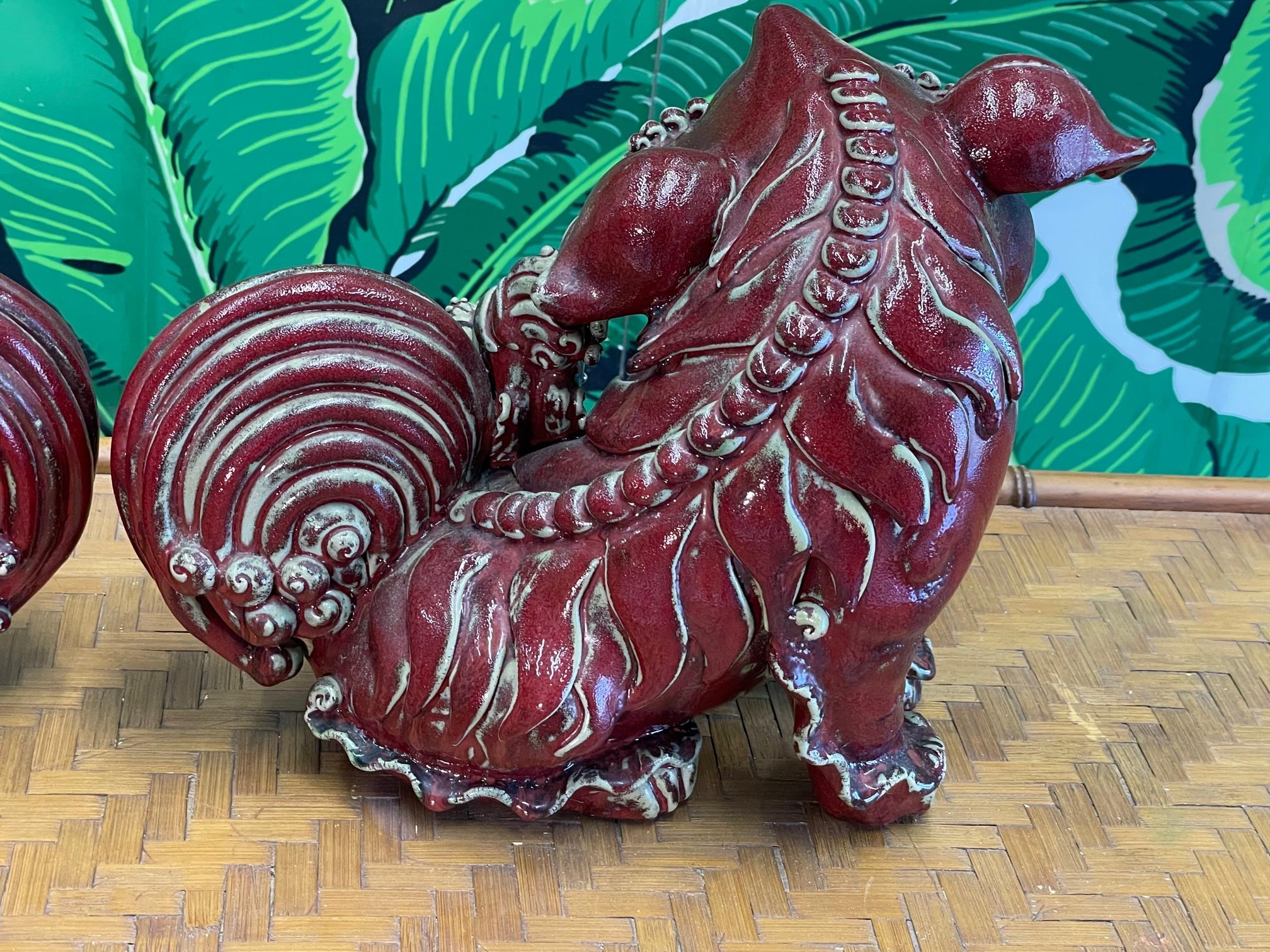 Terracotta Asian Foo Dog Father and Mother With Babies in Cinnabar Red For Sale