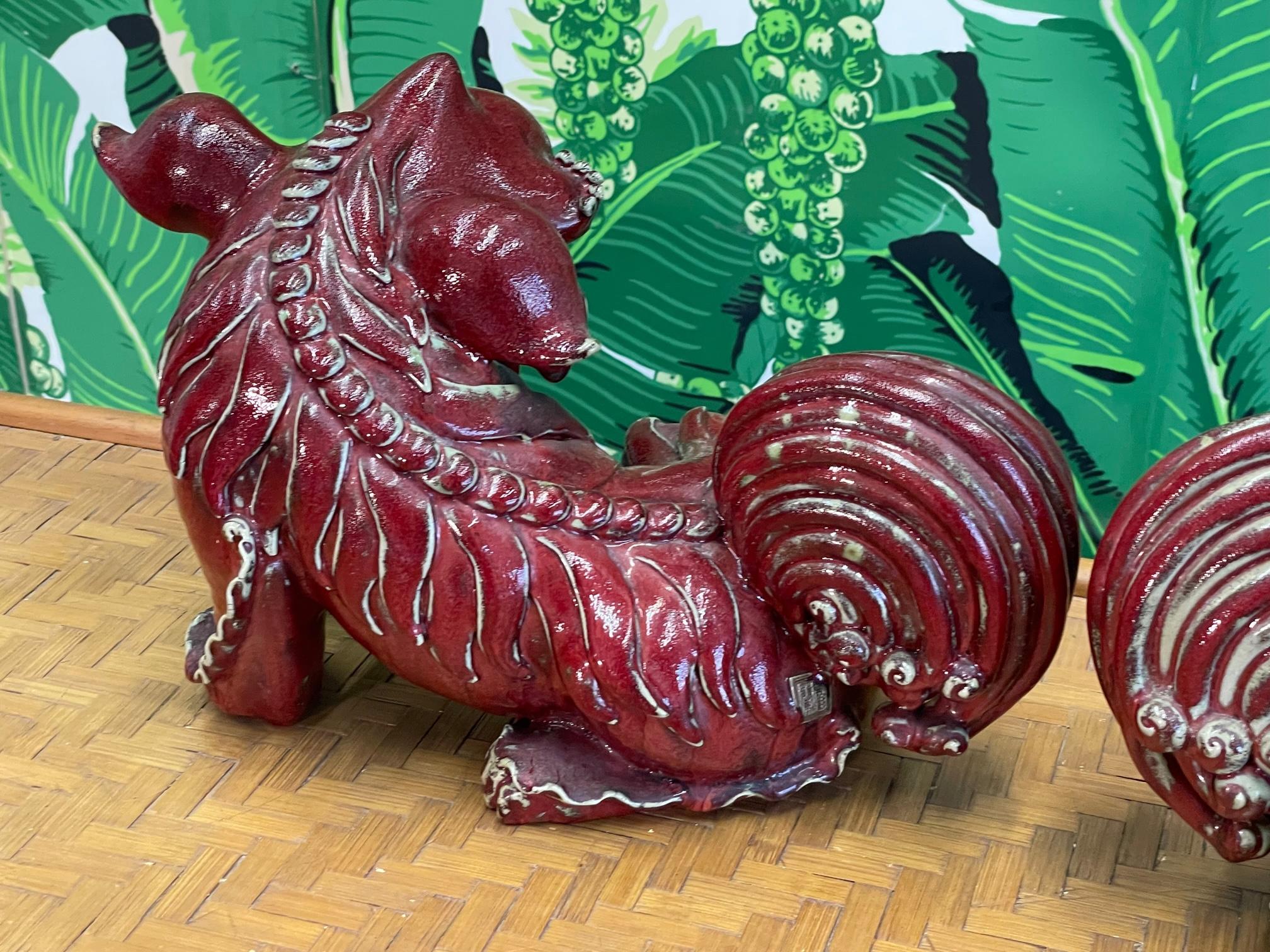 20th Century Asian Foo Dog Father and Mother With Babies in Cinnabar Red For Sale