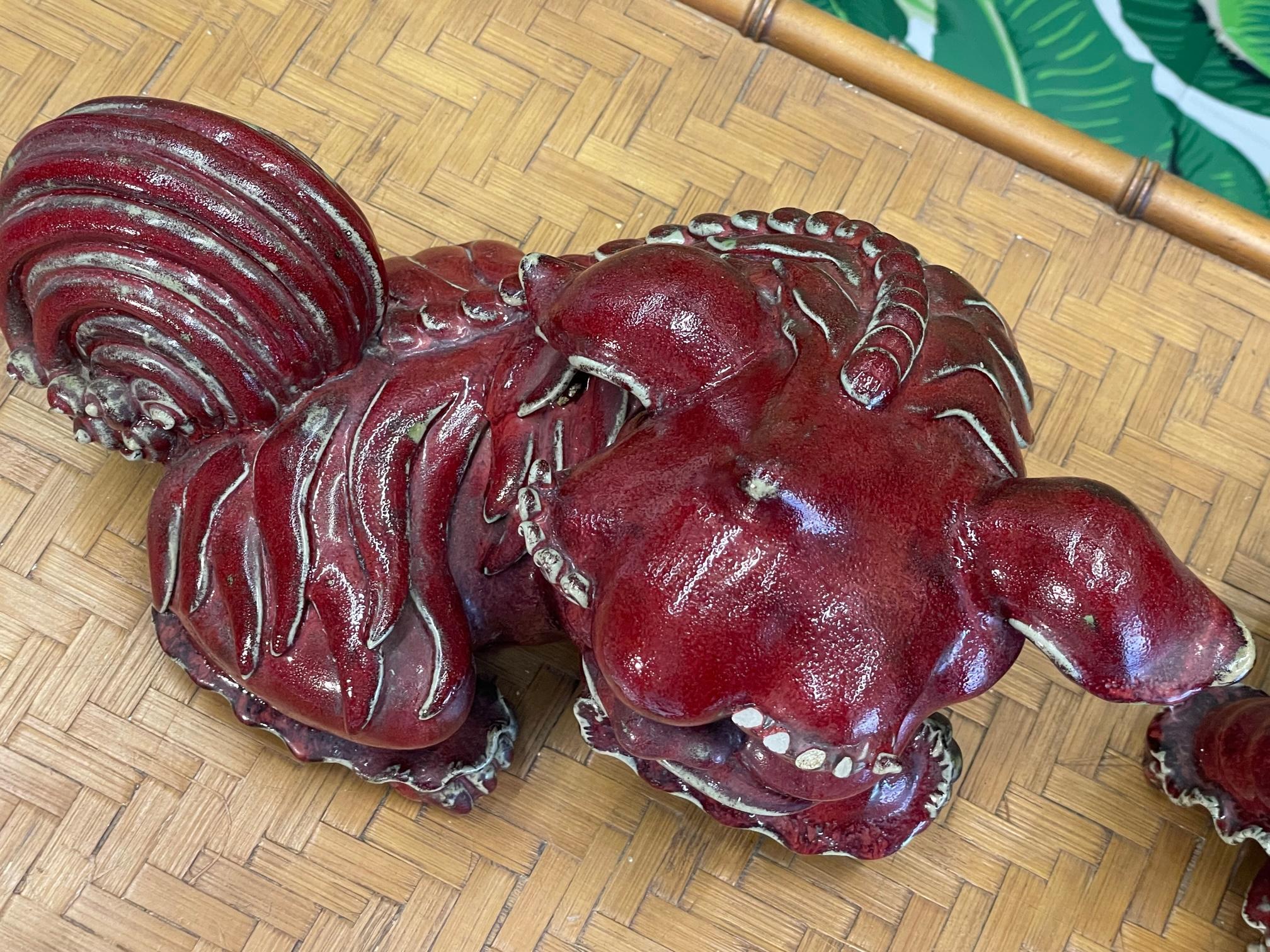 Ceramic Asian Foo Dog Father and Mother With Babies in Cinnabar Red For Sale