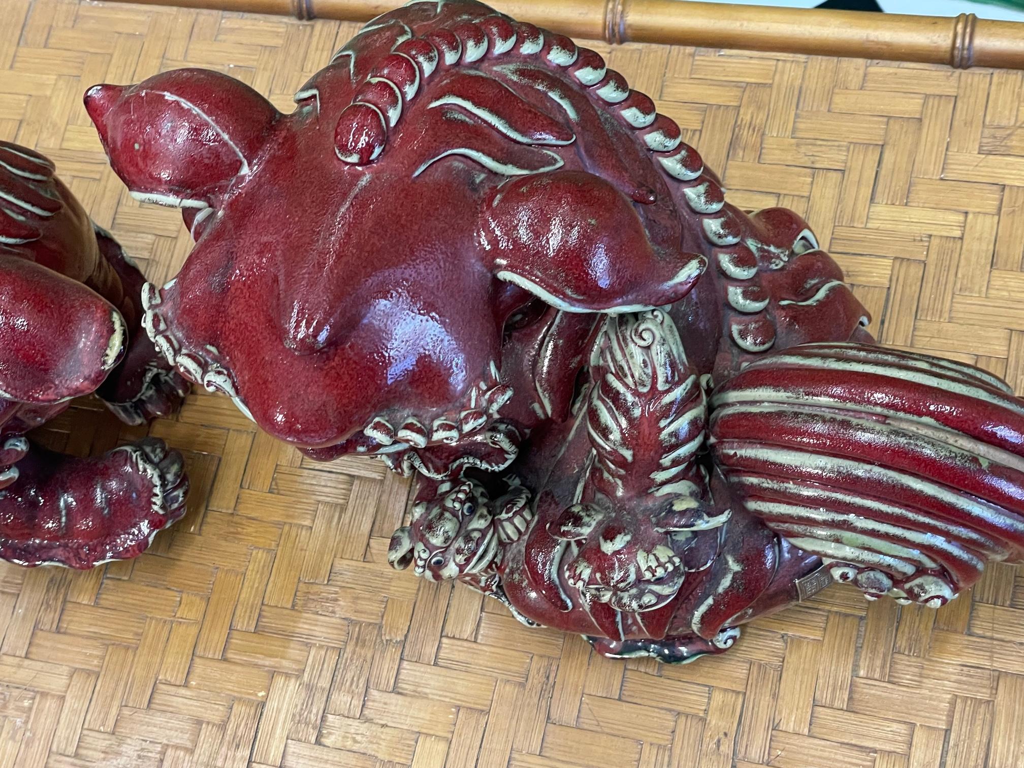 Asian Foo Dog Father and Mother With Babies in Cinnabar Red For Sale 1