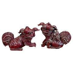 Vintage Asian Foo Dog Father and Mother With Babies in Cinnabar Red