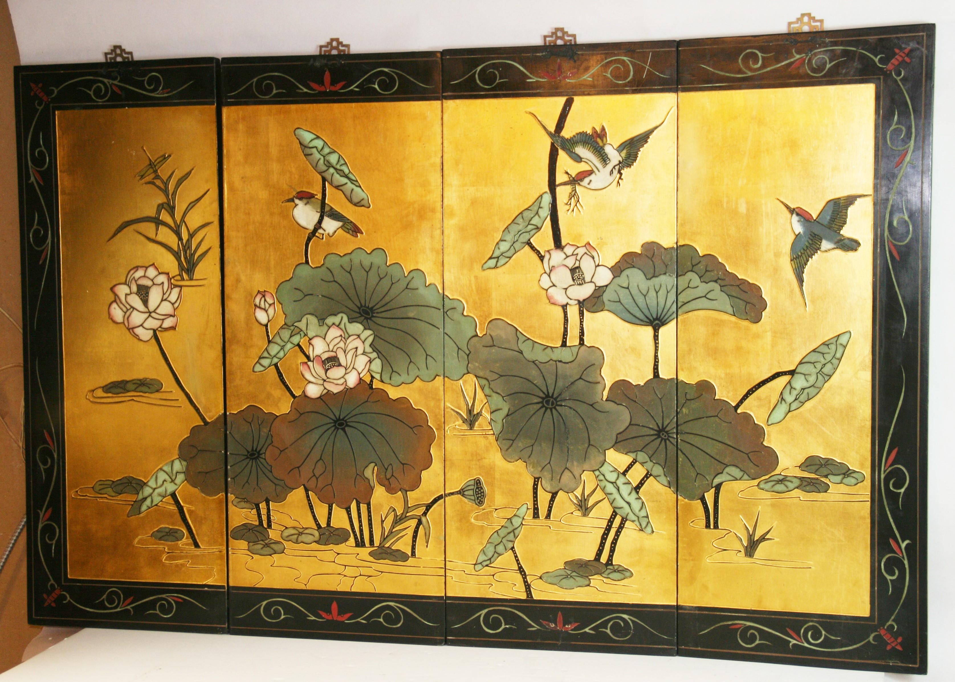 1763 Quattro pannelli/schermo murali dipinti a mano e in rilievo
ogni pannello 14x36
Uccelli e fiori