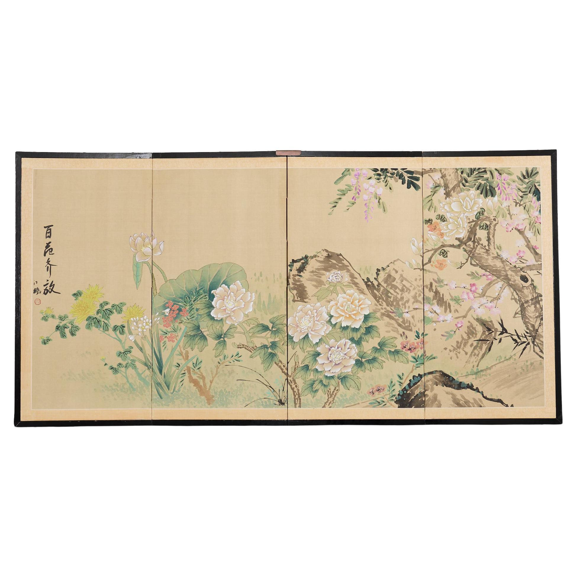 Asian Four Panel Byobu Screen Hundred Flowers Bloom For Sale