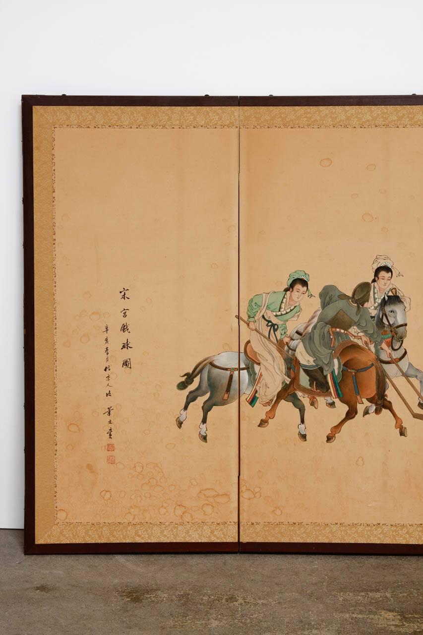 Mid-Century Modern Asian Four Panel Folding Equestrian Polo Screen 