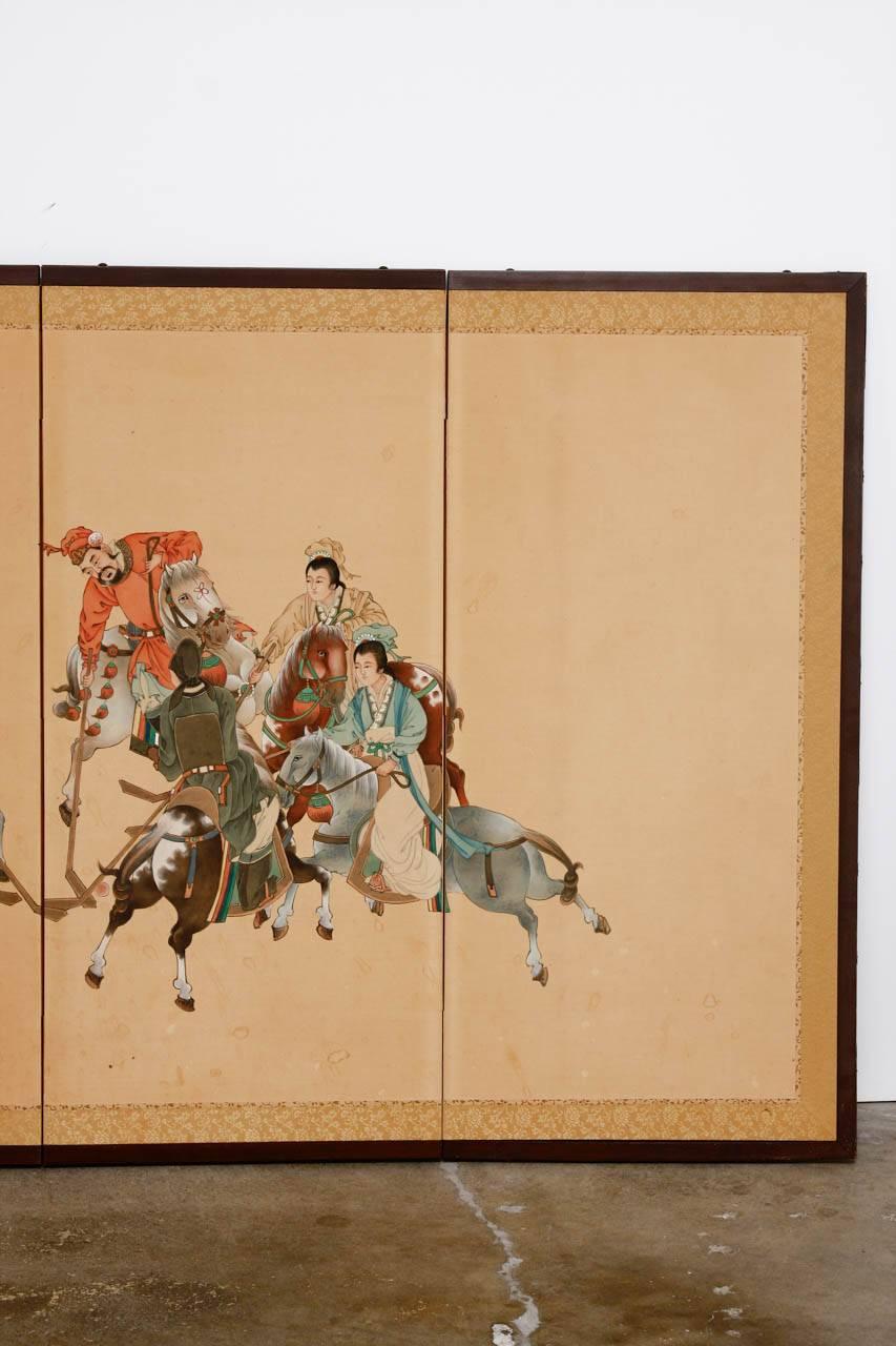 Chinese Asian Four Panel Folding Equestrian Polo Screen 