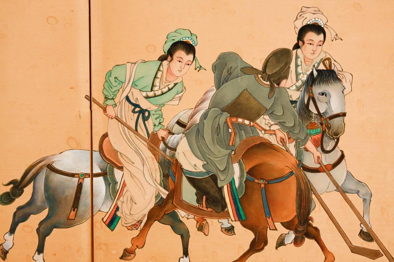 20th Century Asian Four Panel Folding Equestrian Polo Screen 
