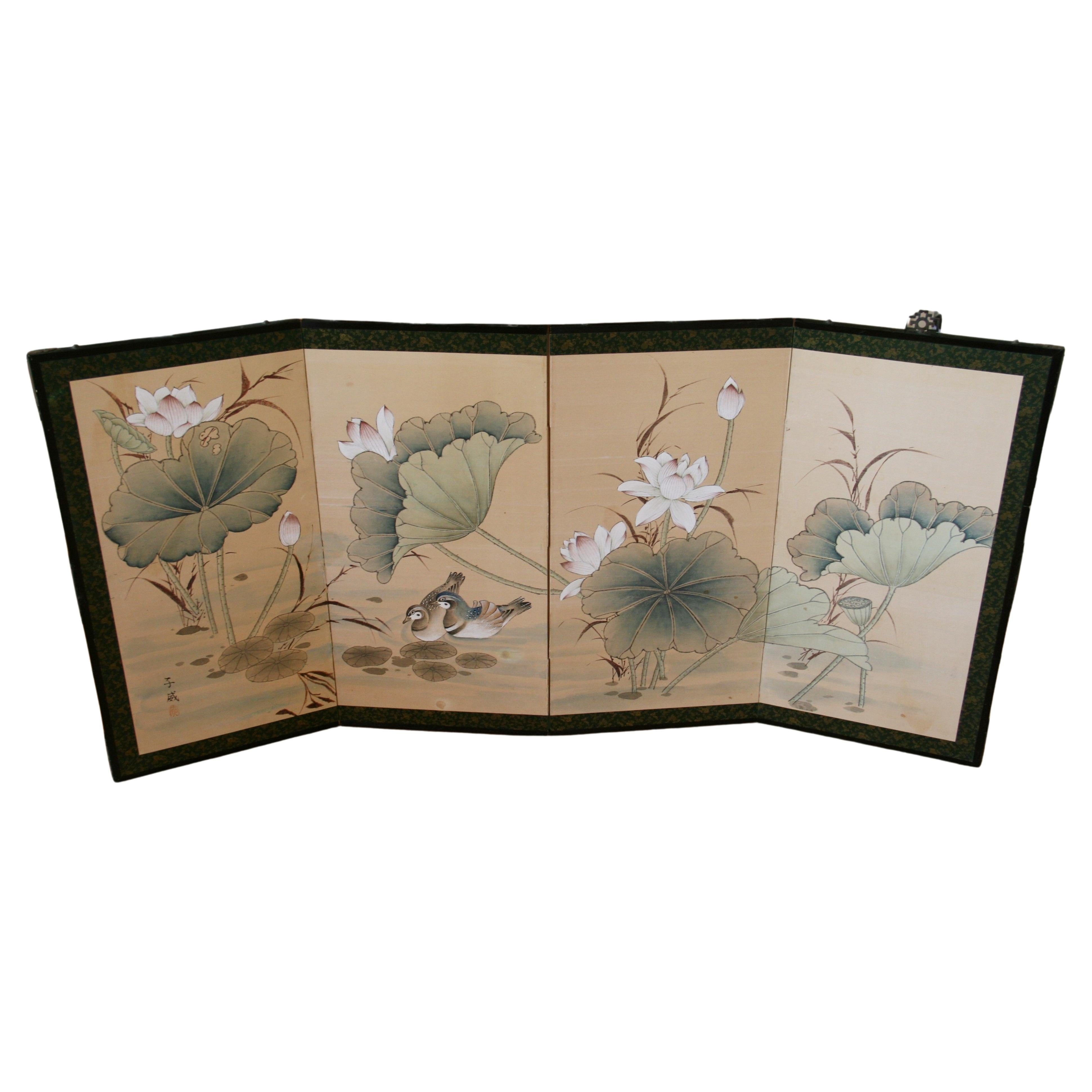 Japanese Asian Four Panel Hand Painted Screen