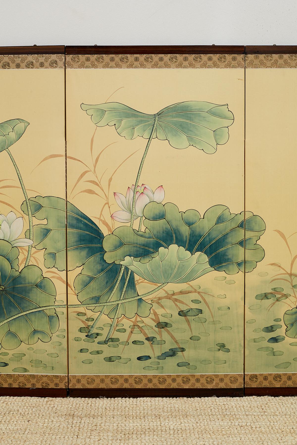 Hollywood Regency Asian Four Panel Screen of Flora and Fauna
