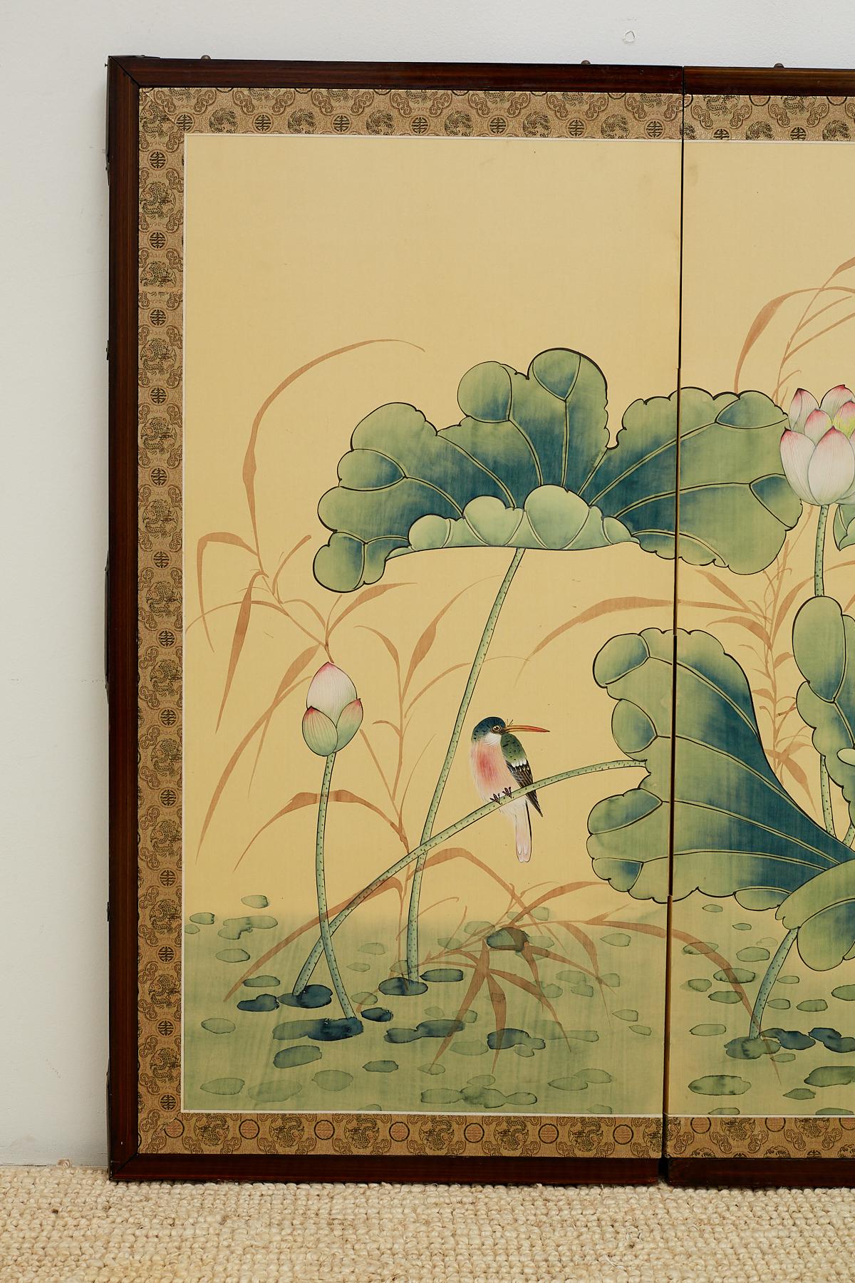 20th Century Asian Four Panel Screen of Flora and Fauna