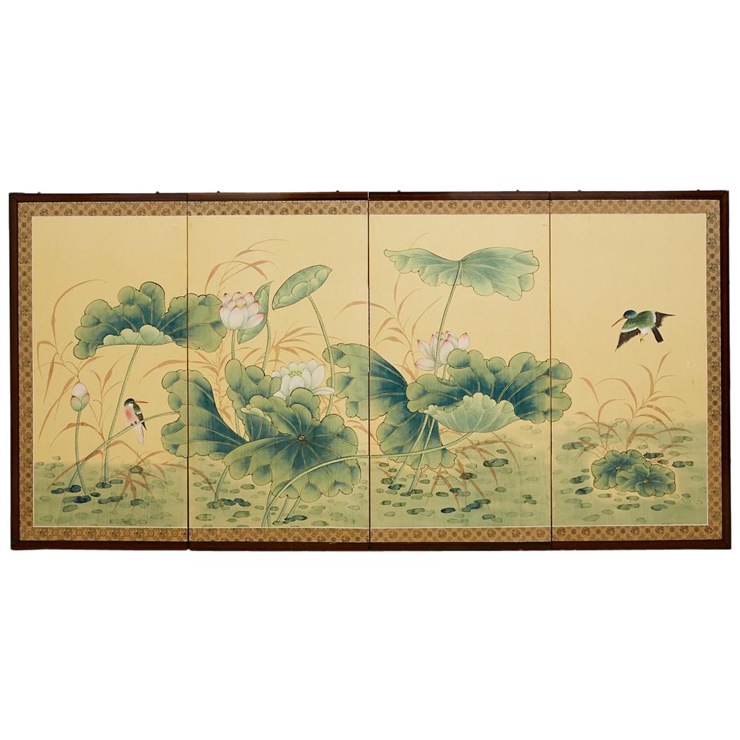 Asian Four Panel Screen of Flora and Fauna