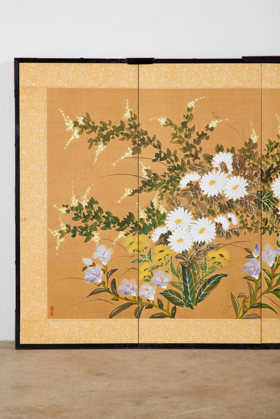 Chinese Export Asian Four-Panel Screen or Autumn Flowers in Bloom