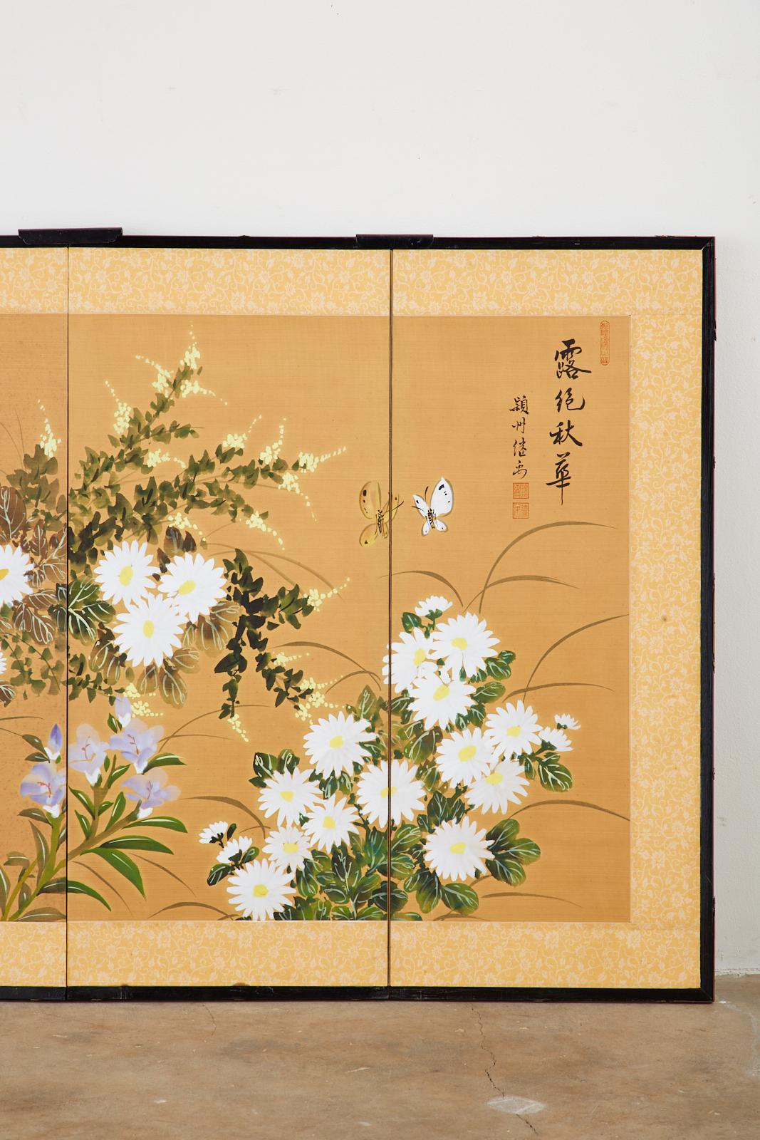 Chinese Asian Four-Panel Screen or Autumn Flowers in Bloom