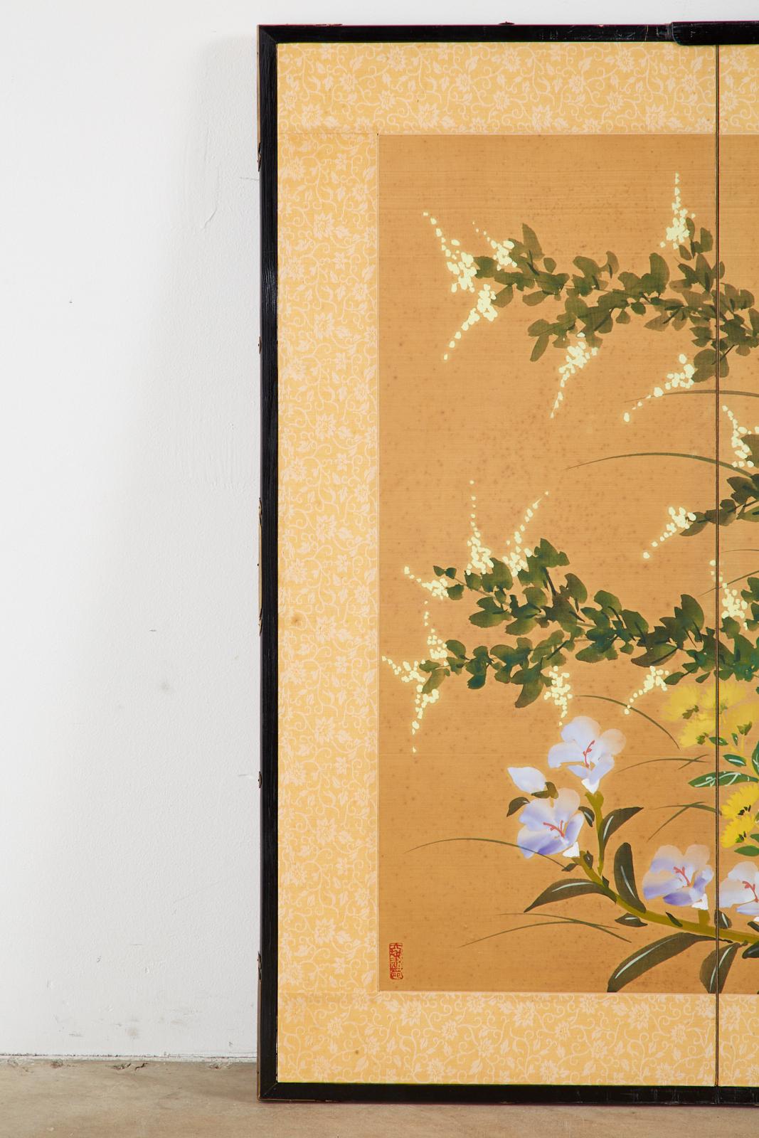 Lacquered Asian Four-Panel Screen or Autumn Flowers in Bloom