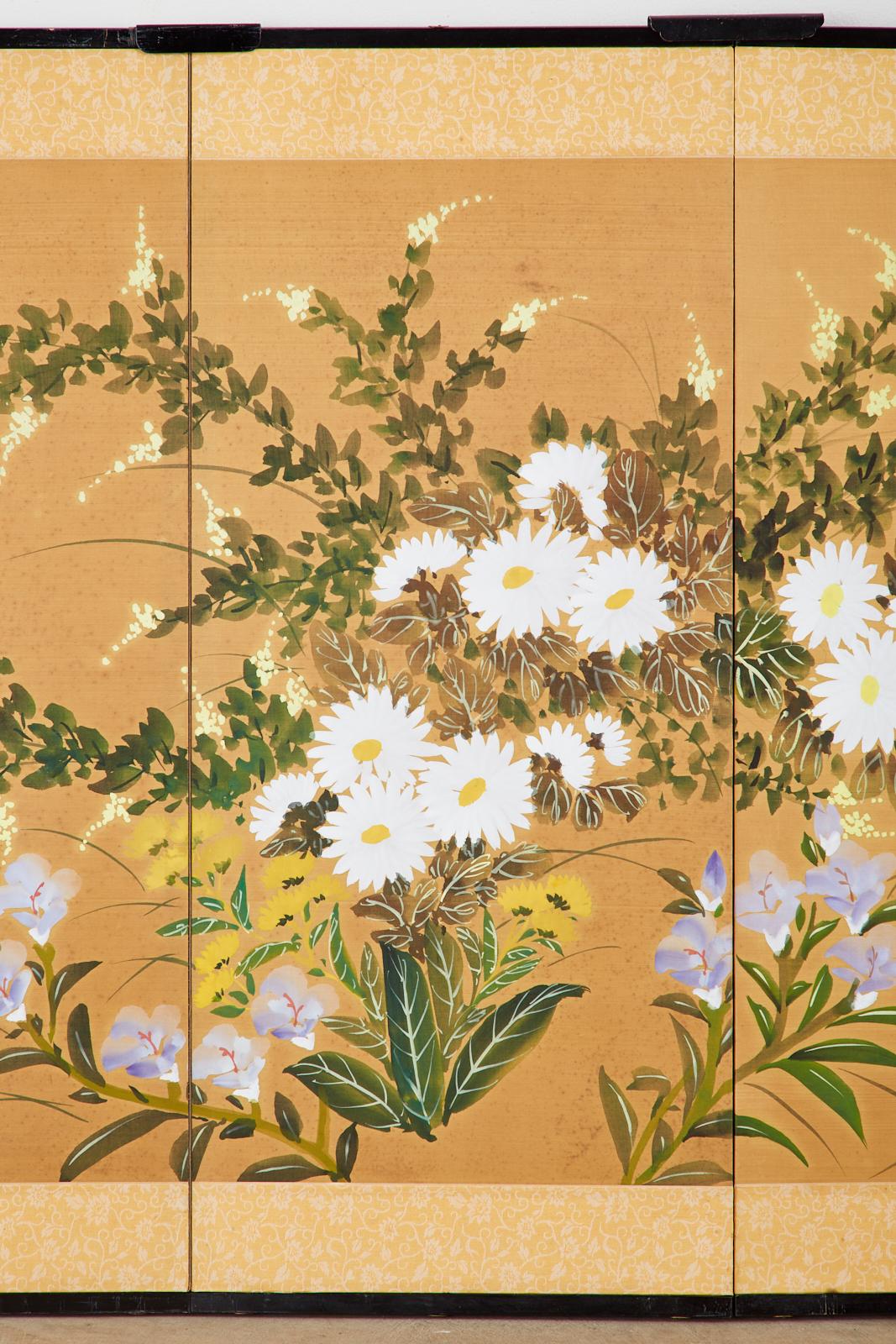 Asian Four-Panel Screen or Autumn Flowers in Bloom In Good Condition In Rio Vista, CA