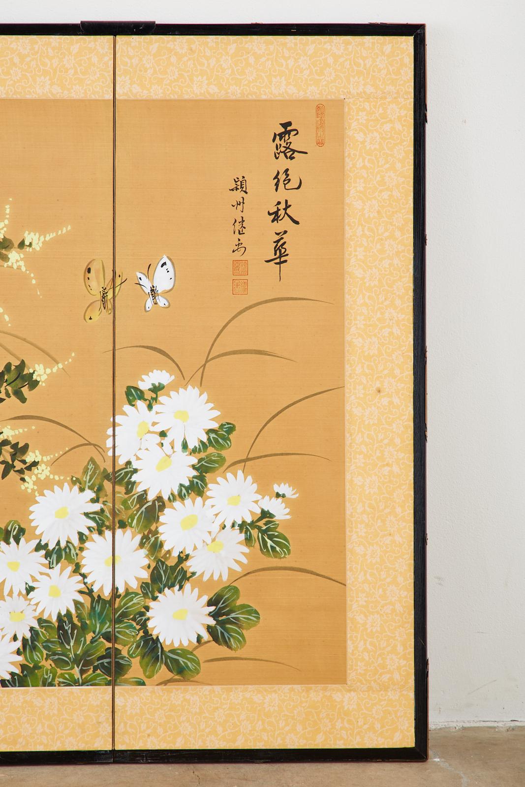 Brass Asian Four-Panel Screen or Autumn Flowers in Bloom