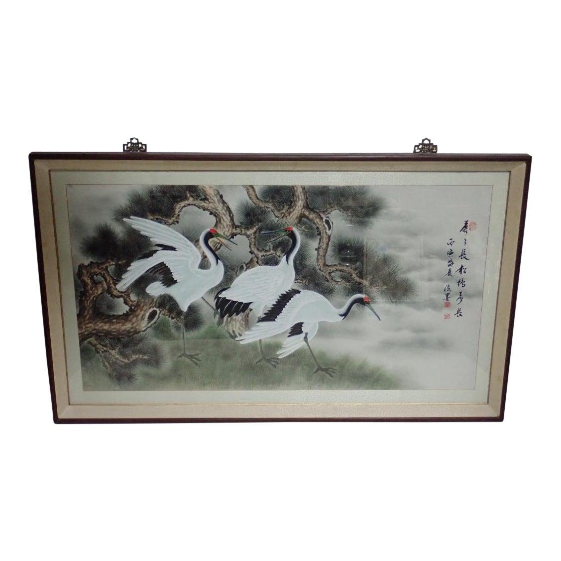 Asian Framed Crane Watercolor Painting