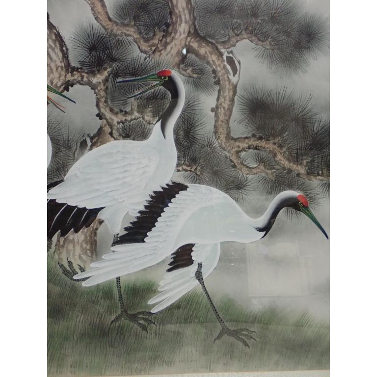 Chinese Asian Framed Crane Watercolor Painting