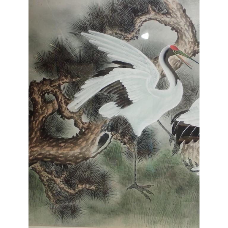Hand-Painted Asian Framed Crane Watercolor Painting