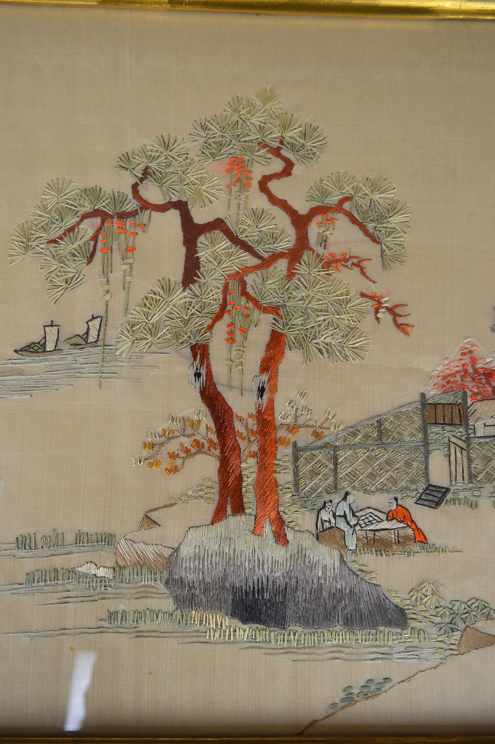 Chinese Asian Framed Embroidery with Landscape, Early 20th Century