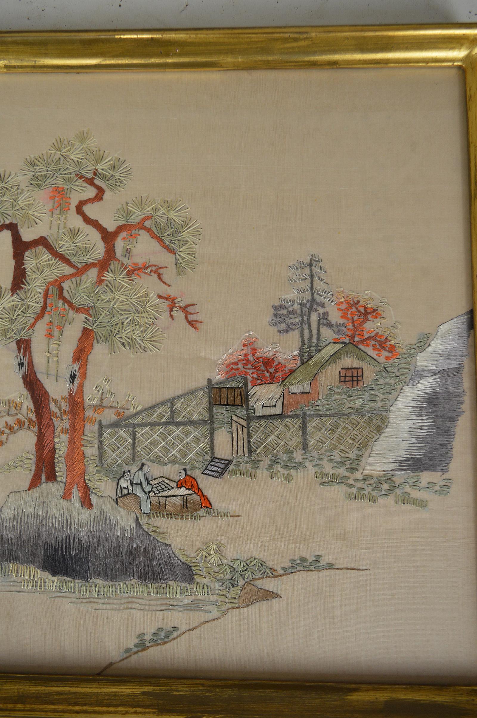 Embroidered Asian Framed Embroidery with Landscape, Early 20th Century