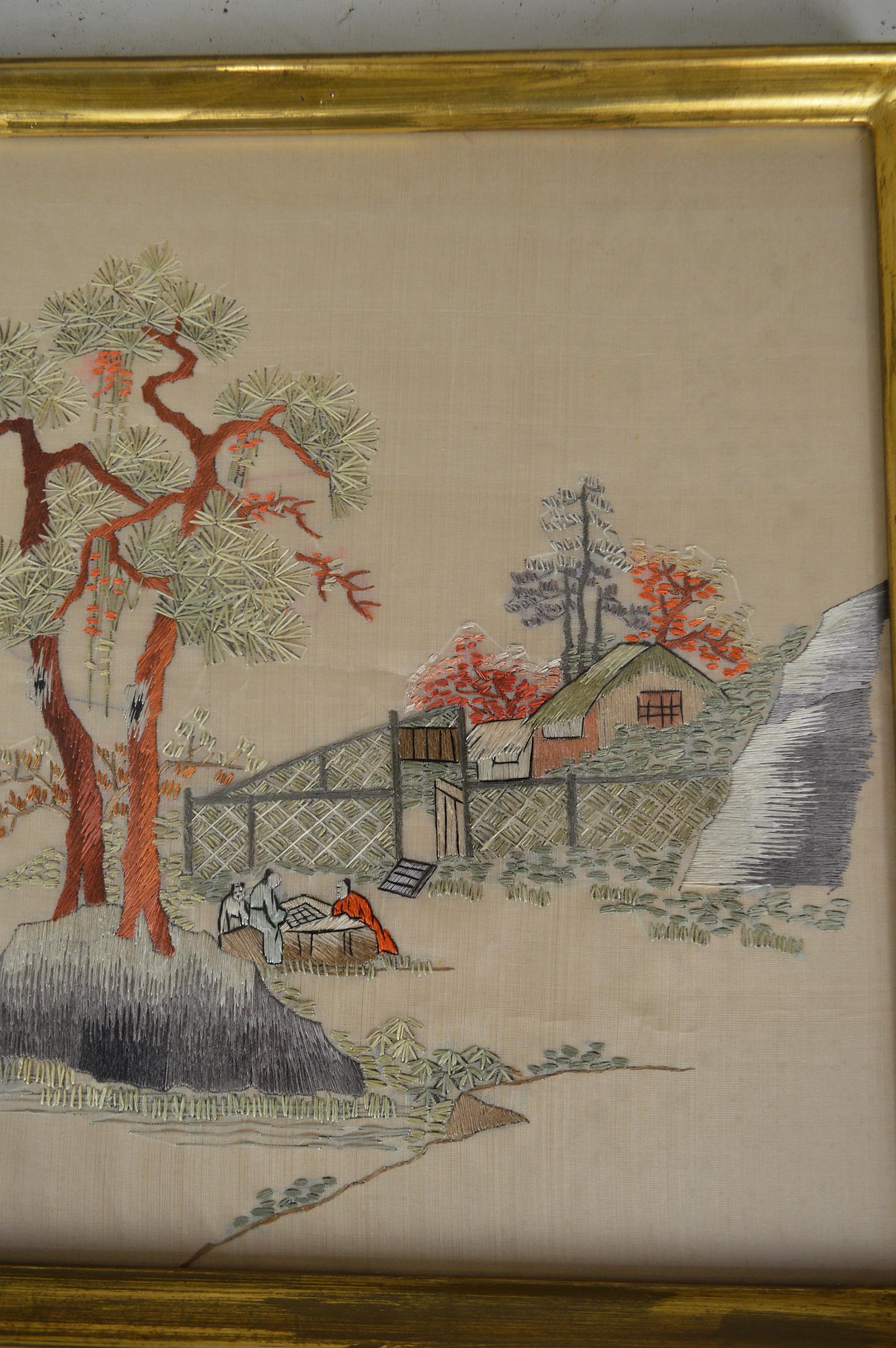 Asian Framed Embroidery with Landscape, Early 20th Century For Sale at