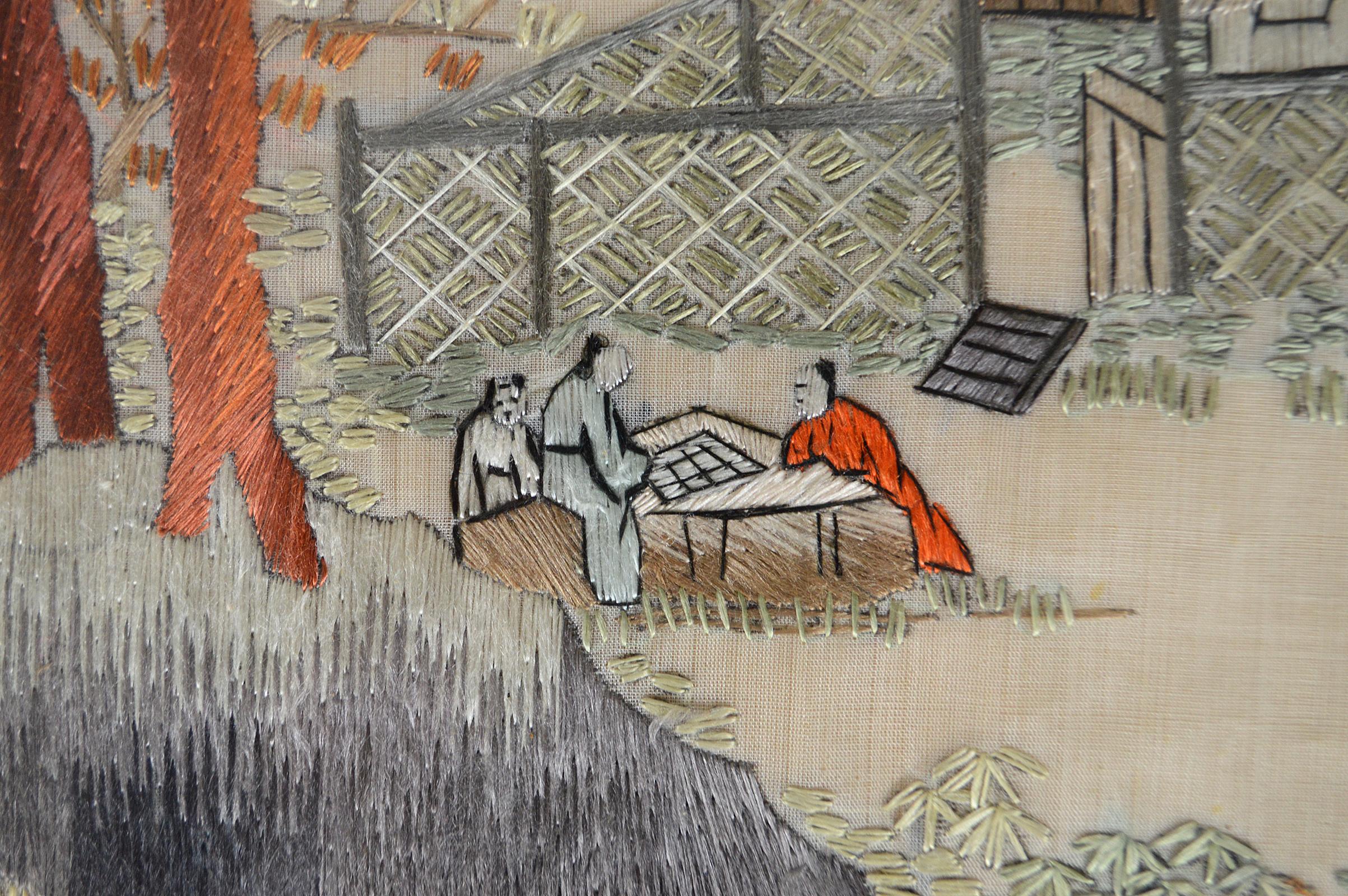 Asian Framed Embroidery with Landscape, Early 20th Century In Good Condition In VÉZELAY, FR