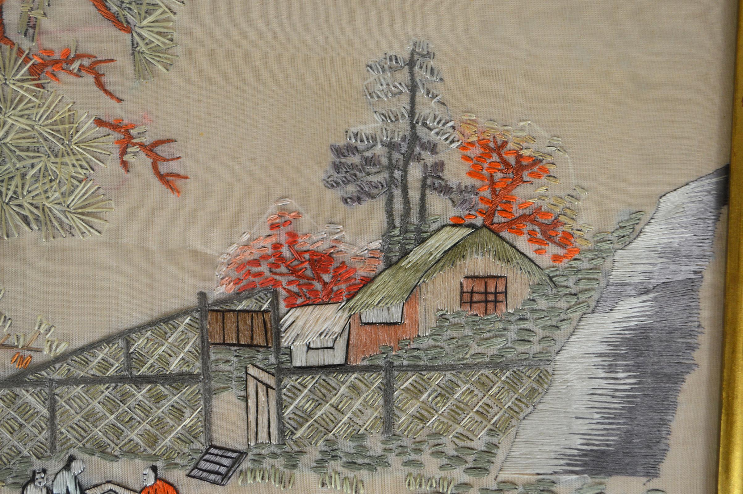 Fabric Asian Framed Embroidery with Landscape, Early 20th Century