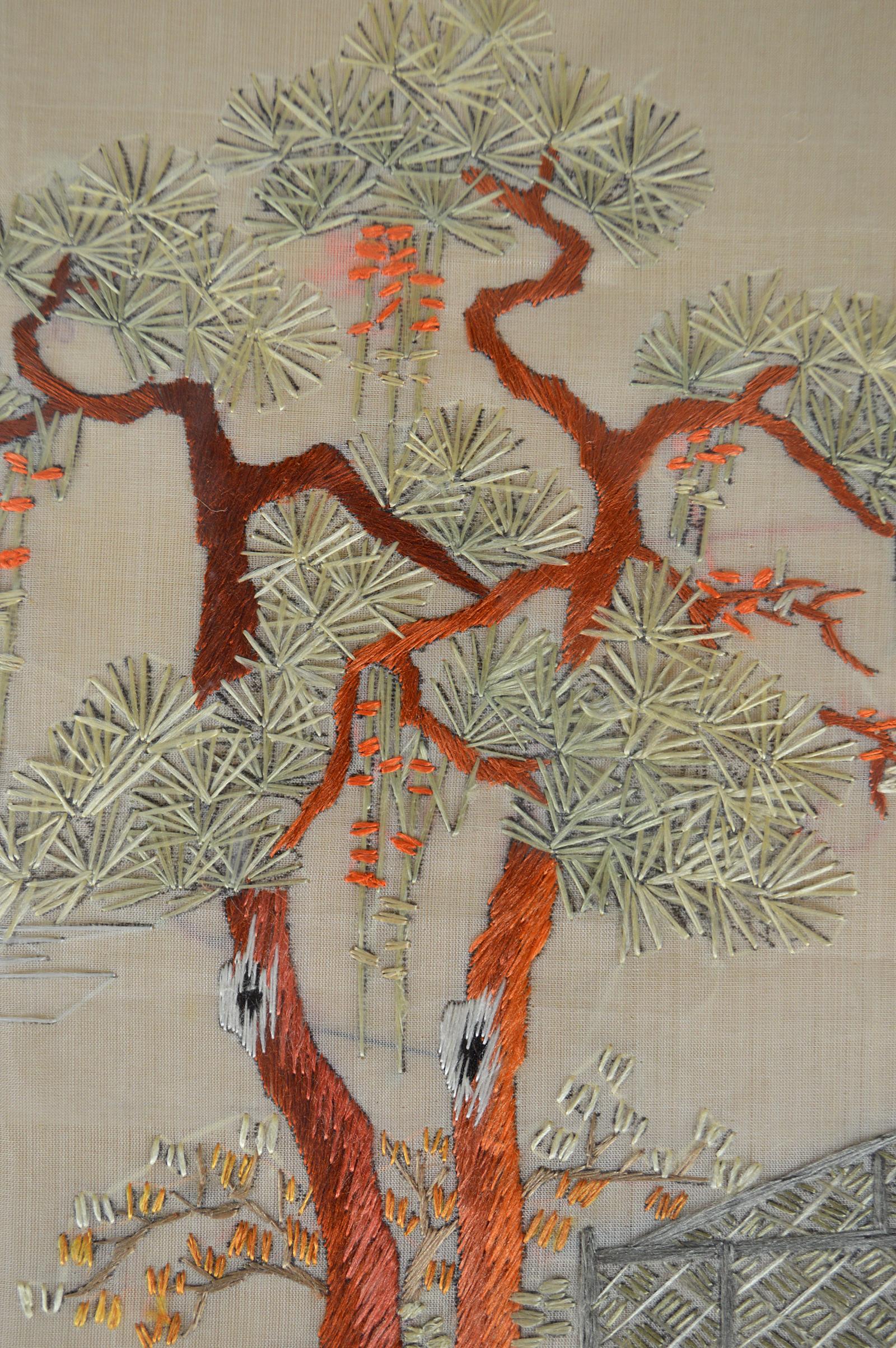 Asian Framed Embroidery with Landscape, Early 20th Century 1