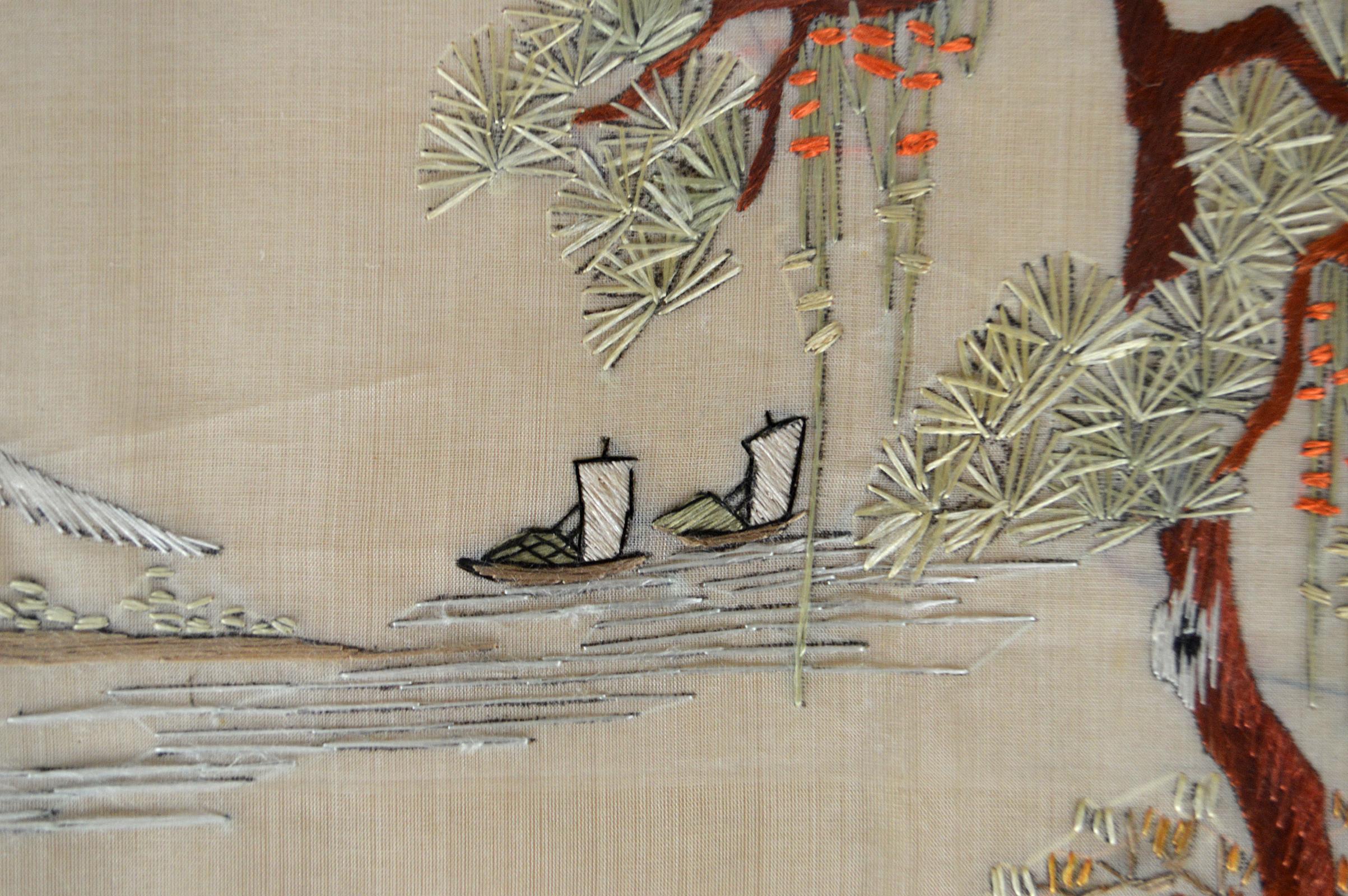 Asian Framed Embroidery with Landscape, Early 20th Century 2