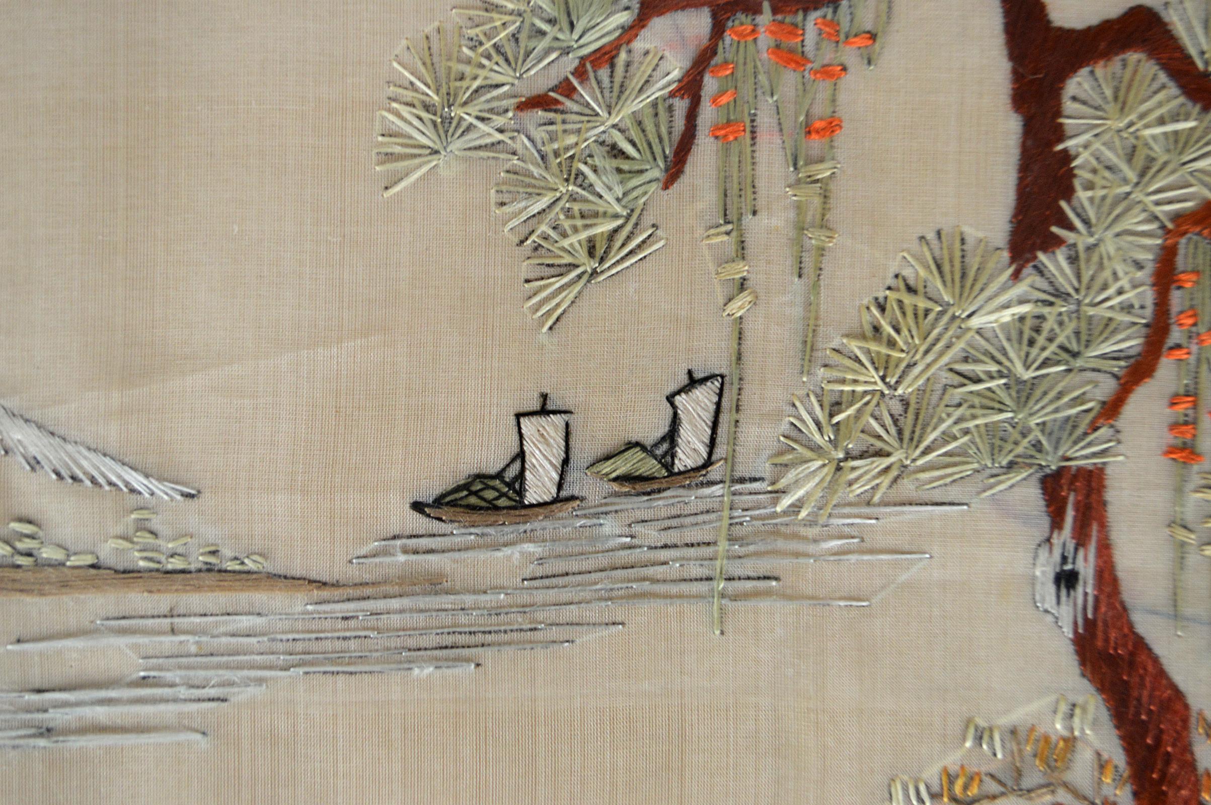 Asian Framed Embroidery with Landscape, Early 20th Century For Sale at