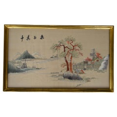 Antique Asian Framed Embroidery with Landscape, Early 20th Century