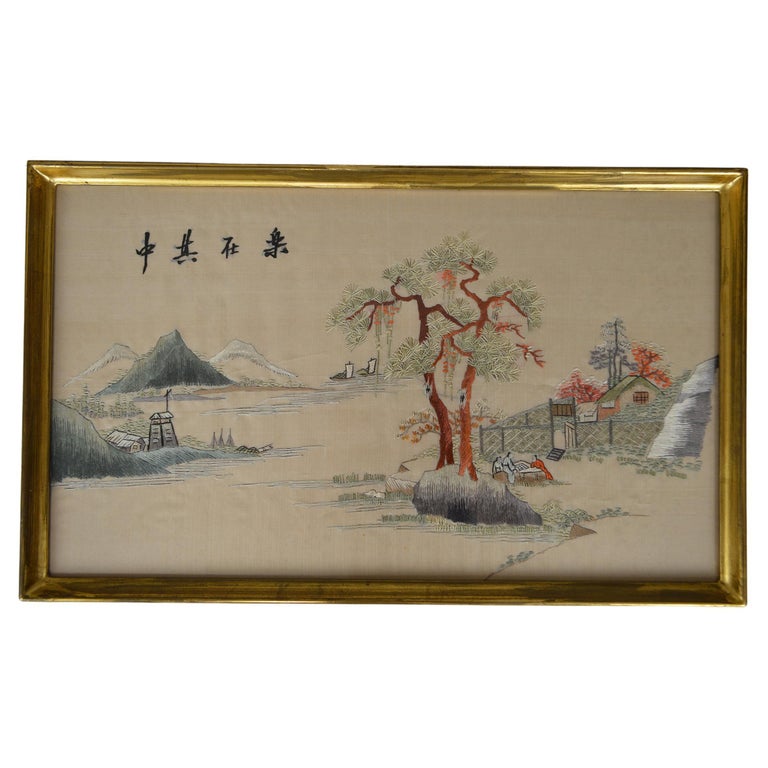 Asian Framed Embroidery with Landscape, Early 20th Century For Sale at