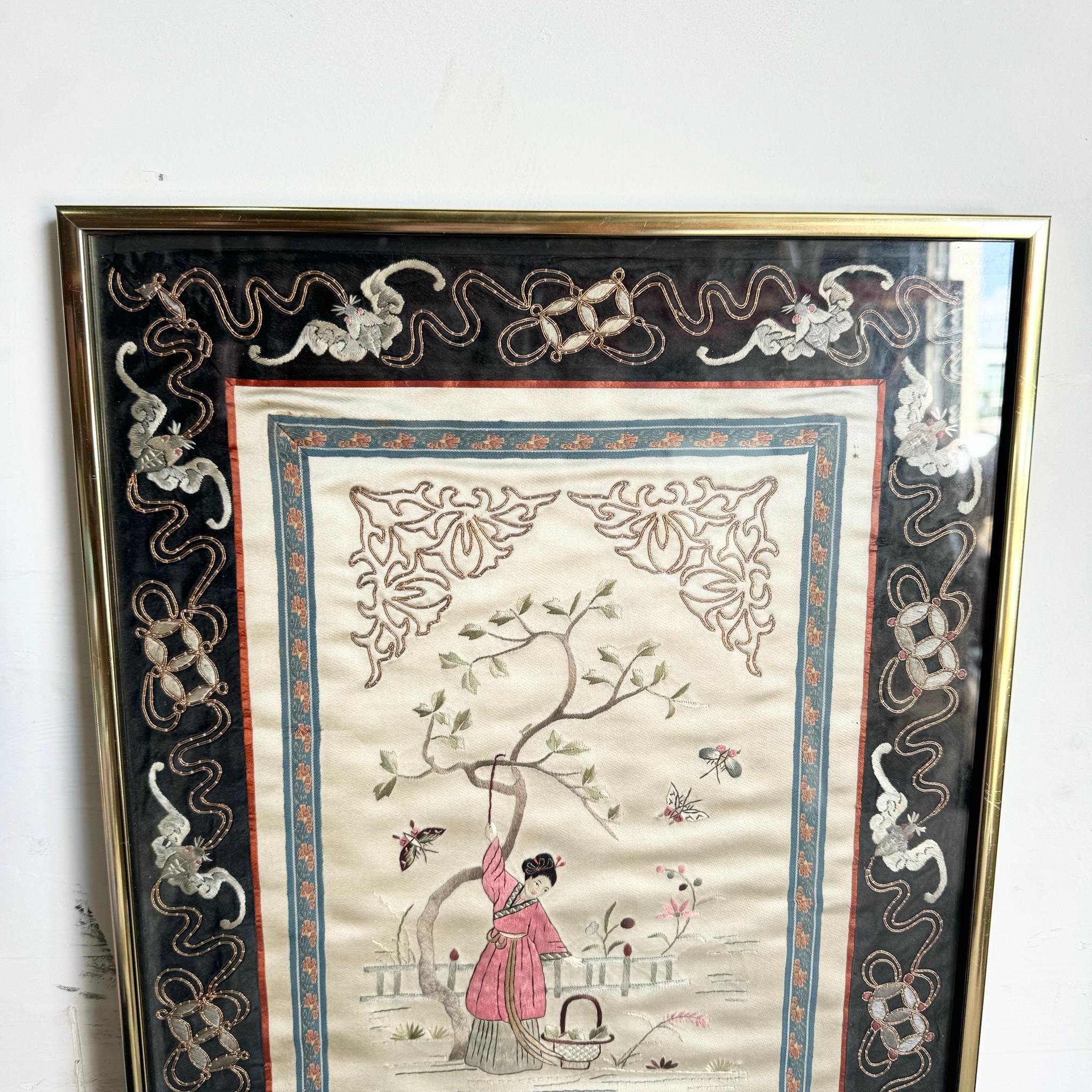 20th Century Asian Framed Silk Embroidery For Sale