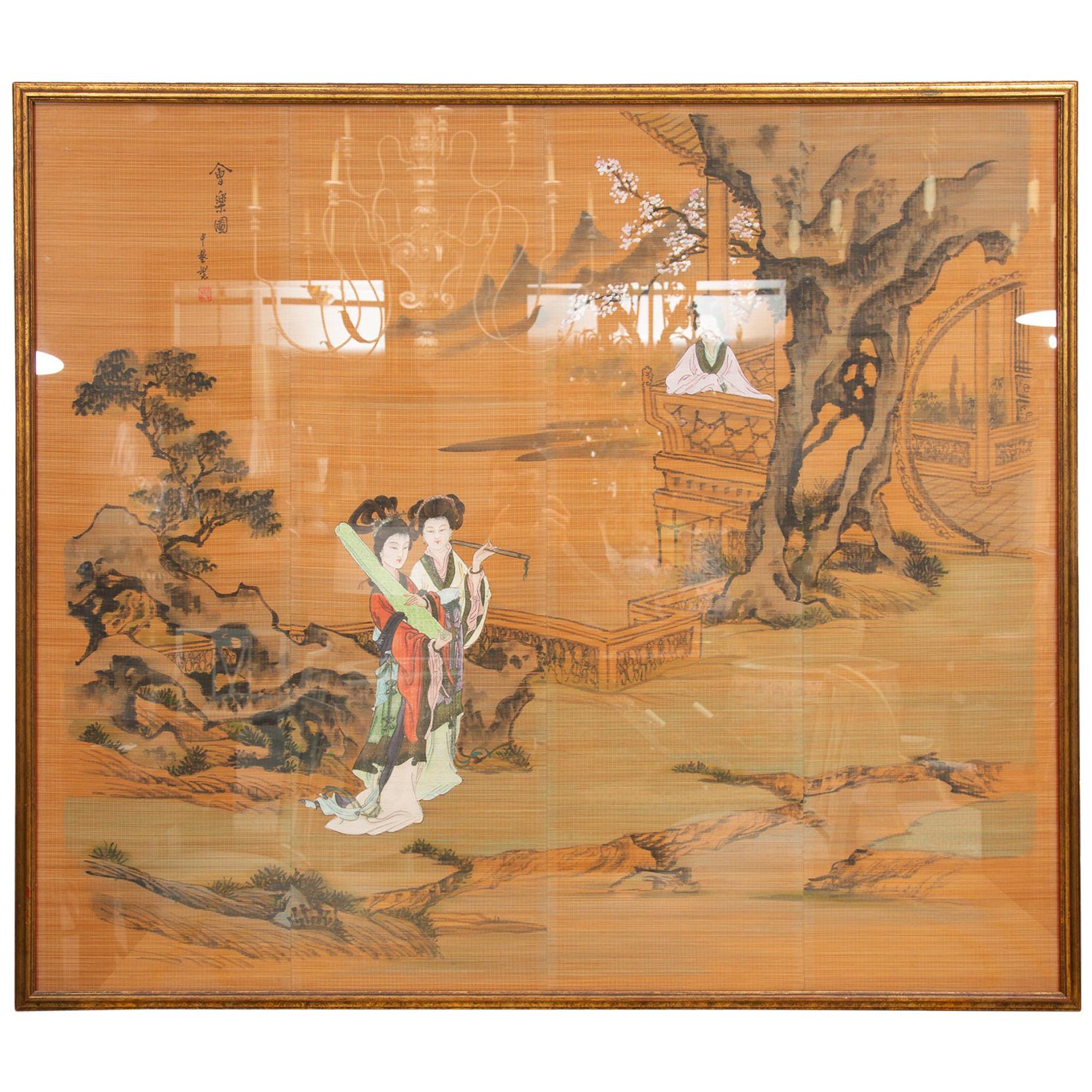 Asian Garden Scene Hand Painted on Silkcloth