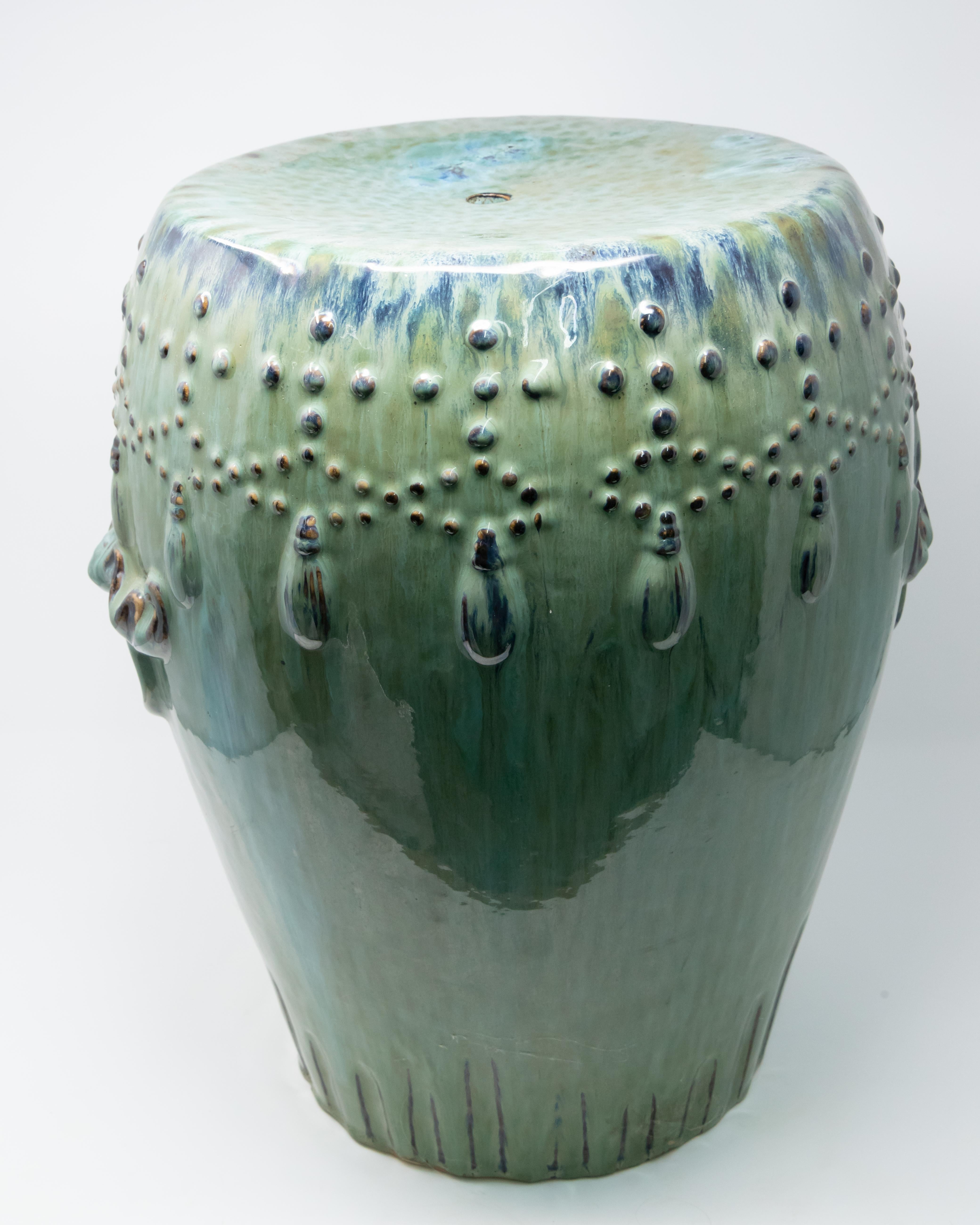 Offering this superb Asian garden stool. Hand-thrown terra cotta, with striking turquoise glaze. Starts on a round bottom that gets larger as it goes up. Has to open handles to either side and a drain hole in the top. Around the top has raised dots