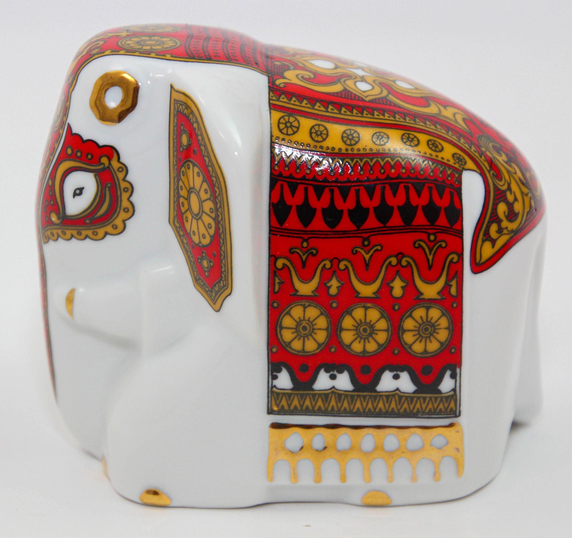 Folk Art Asian Gilded Porcelain Elephant Ornament Paperweight Sri Lanka For Sale